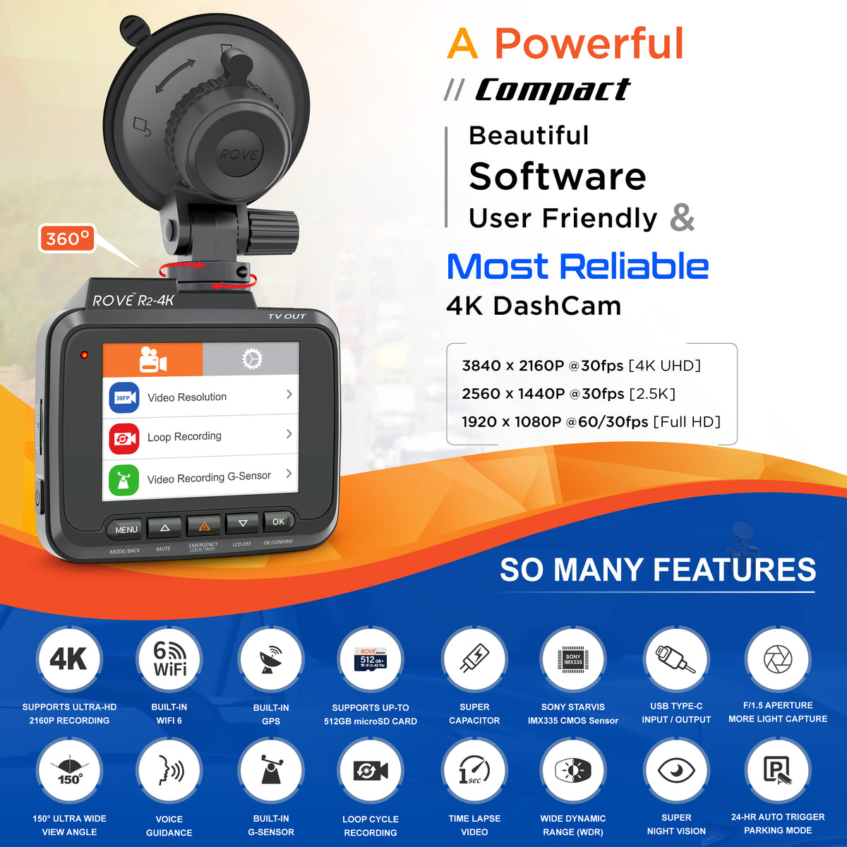 ROVE R2-4K PRO Dash Cam With 256GB Card - Built-in WiFi GPS Parking Mode