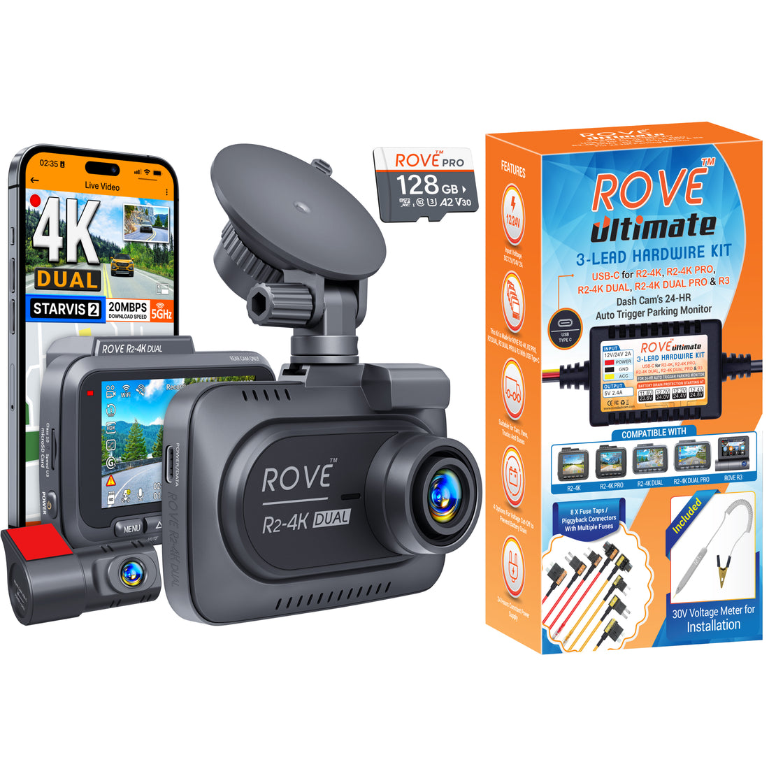 rove r2-4k dual dash cam front and rear