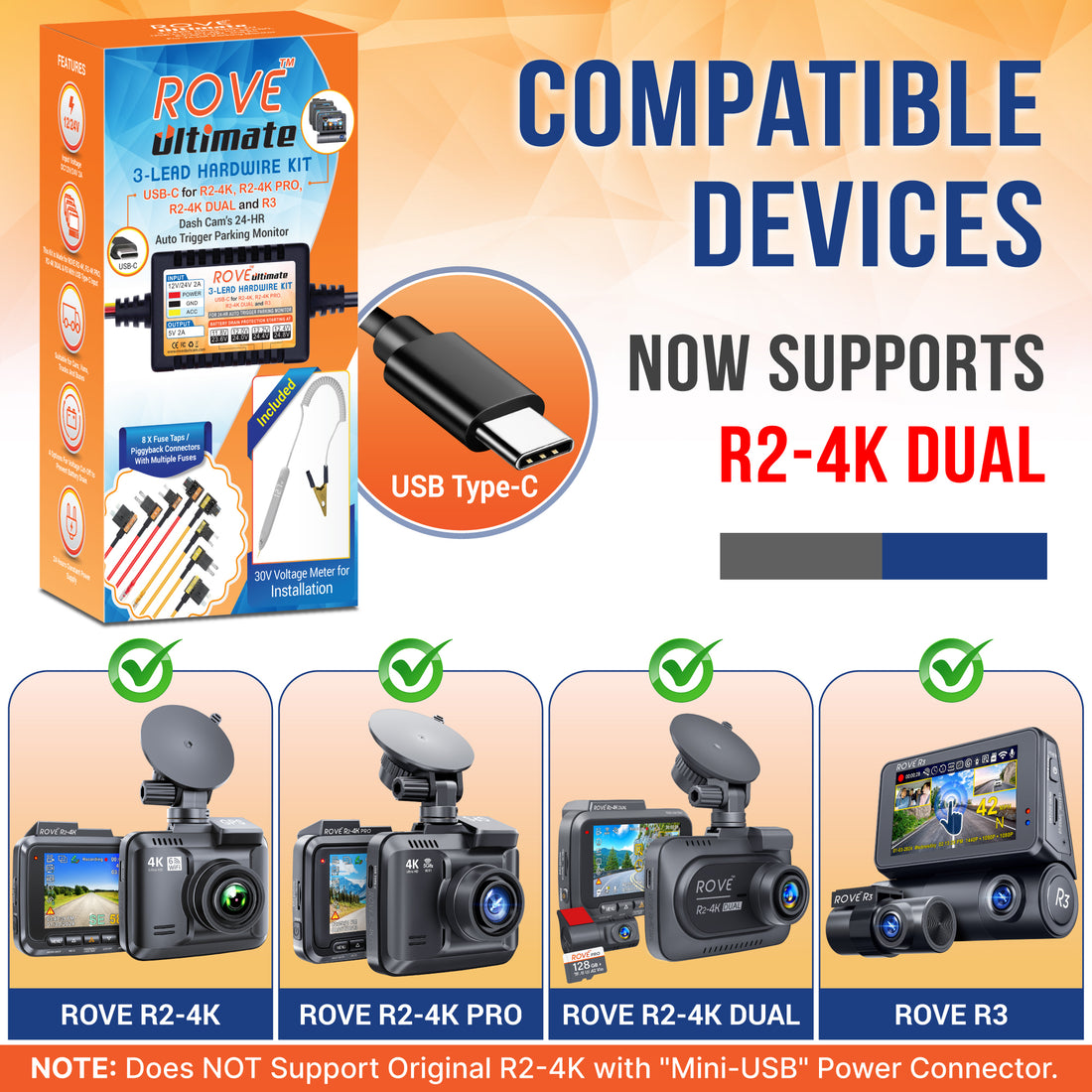 3 x ROVE Ultimate 3-Lead USB Type-C Hardwire Kit | for ROVE R2, R2 PRO, R2 DUAL and R3 Dash Cam | Check Compatibility Image Before Purchasing