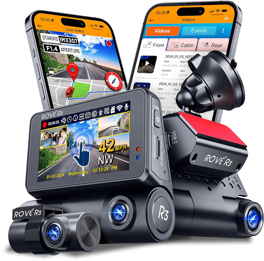 ROVE R3 Dash Cam with triple-lens coverage for front, interior, and rear recording, dual-band 5GHz WiFi, and enhanced night vision