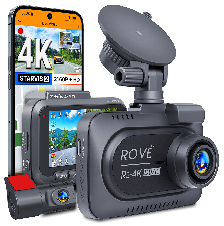 ROVE R2-4K Dual Dash Cam with 4K 2160P and 1080P dual channel recording, STARVIS 2 sensor, and dual-band 5GHz WiFi
