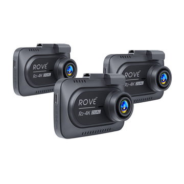 Rove R2 Dual dash cam with three cameras on white background