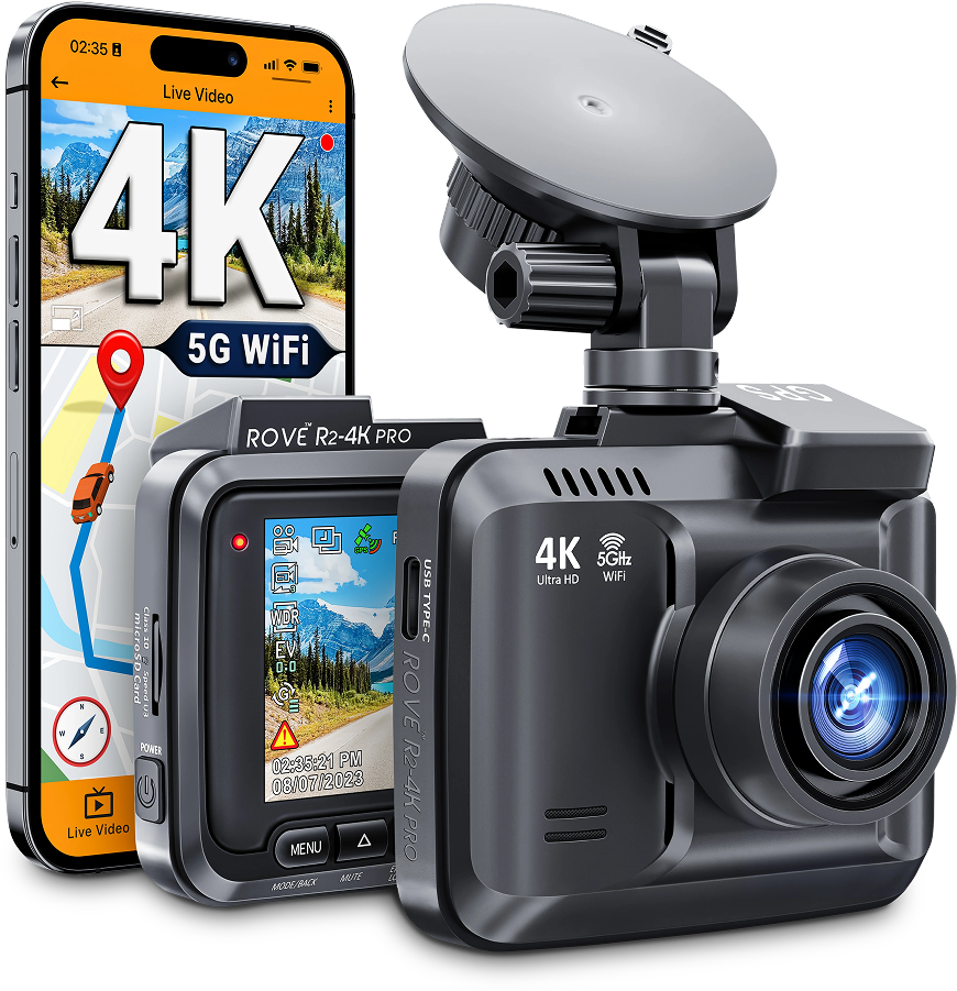 ROVE R2-4K PRO Dash Cam with 4K Ultra HD recording, built-in GPS, 5G WiFi, and advanced night vision