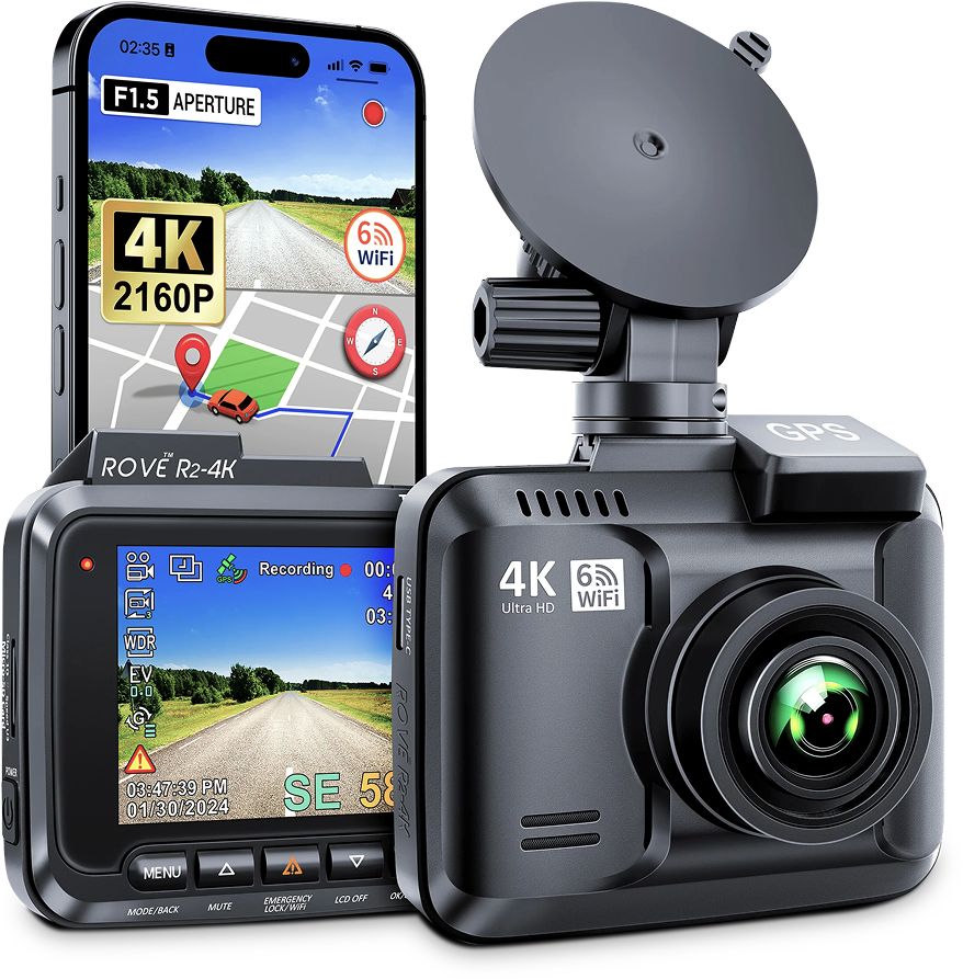 ROVE R2-4K Dash Cam with 4K Ultra HD recording, Wi-Fi 6, GPS navigation, and reliable performance