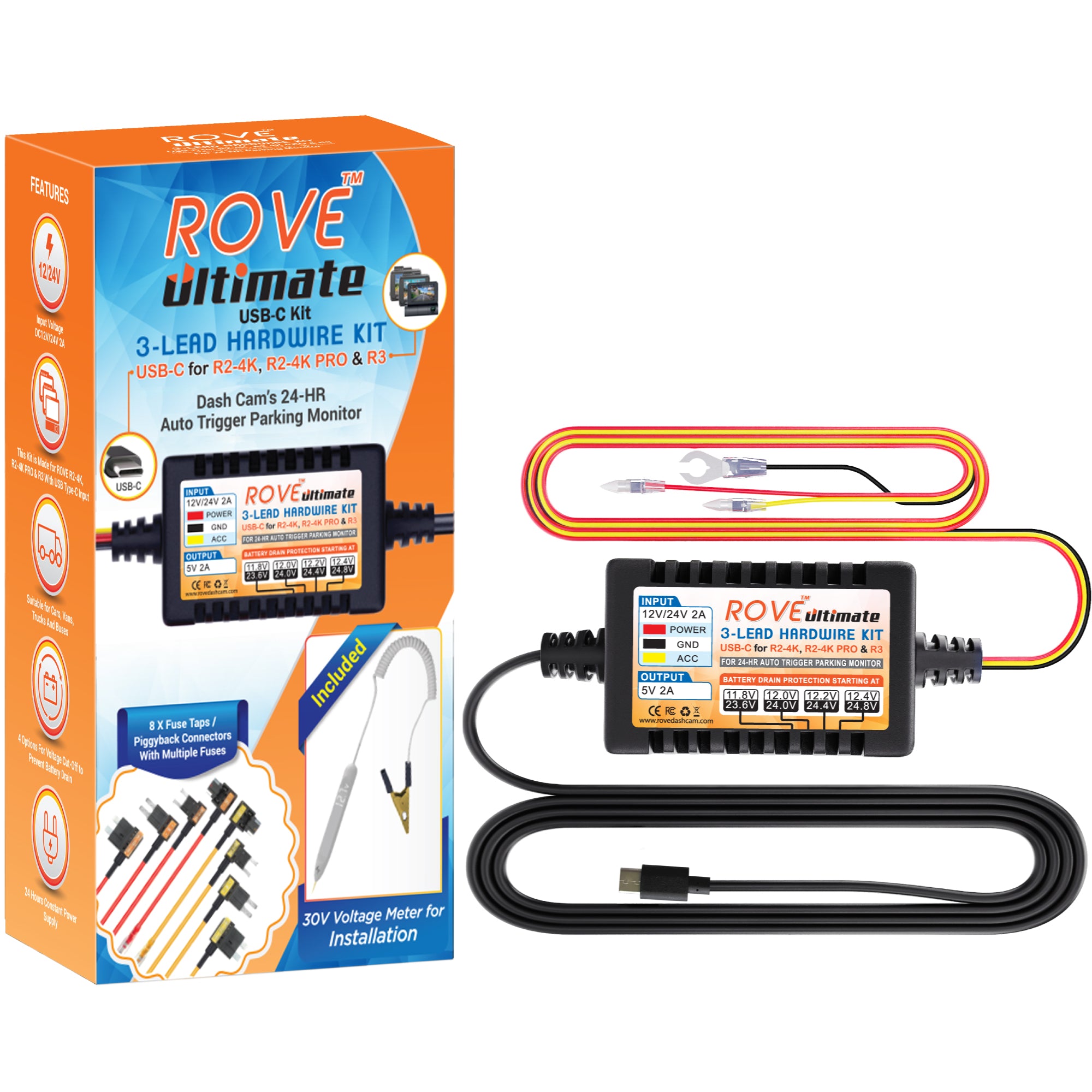 ROVE Ultimate 3-Lead USB Type-C Hardwire Kit | for ROVE R2, R2 PRO and R3 Dash Cam | Check Compatibility Image Before Purchasing