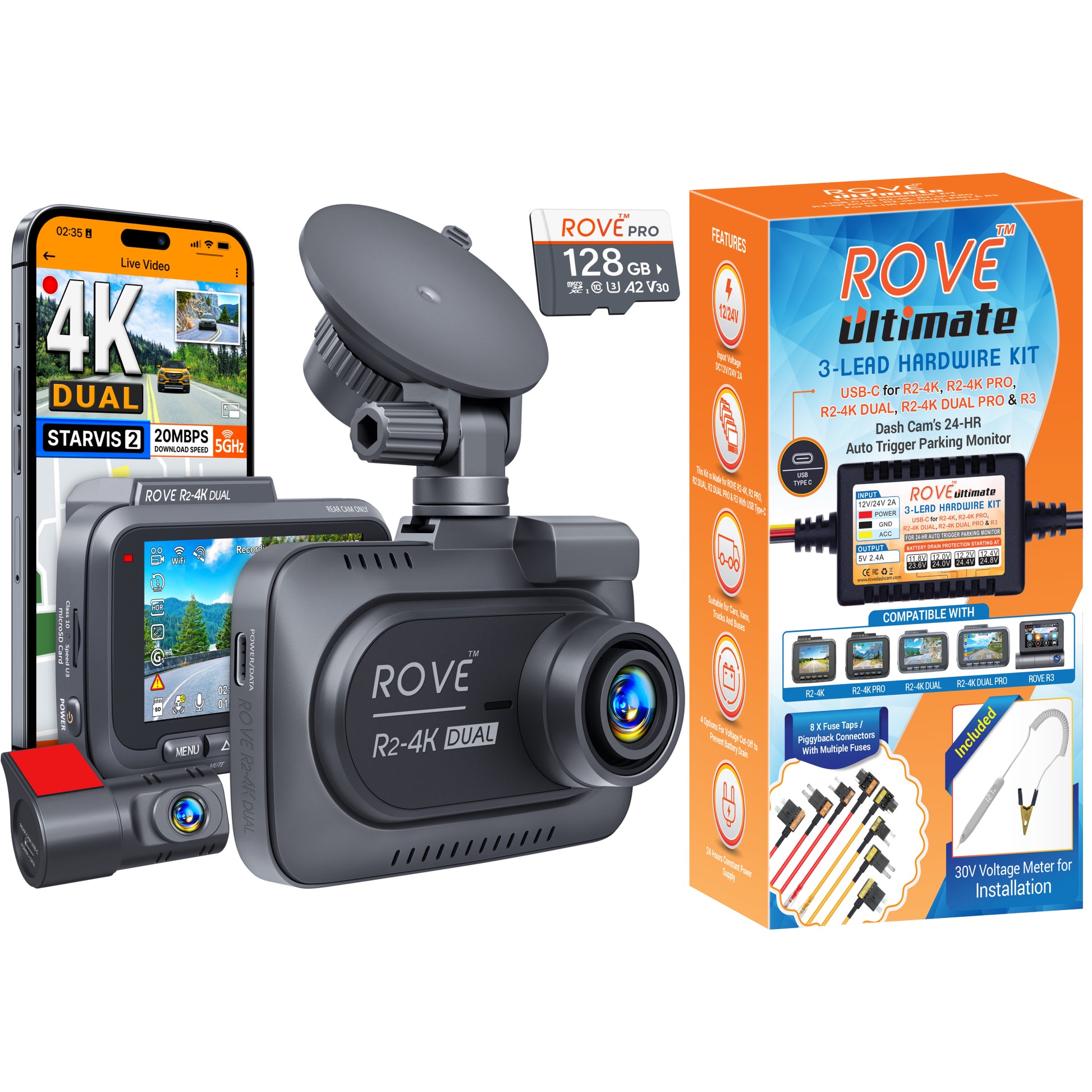 rove r2-4k dual dash cam front and rear