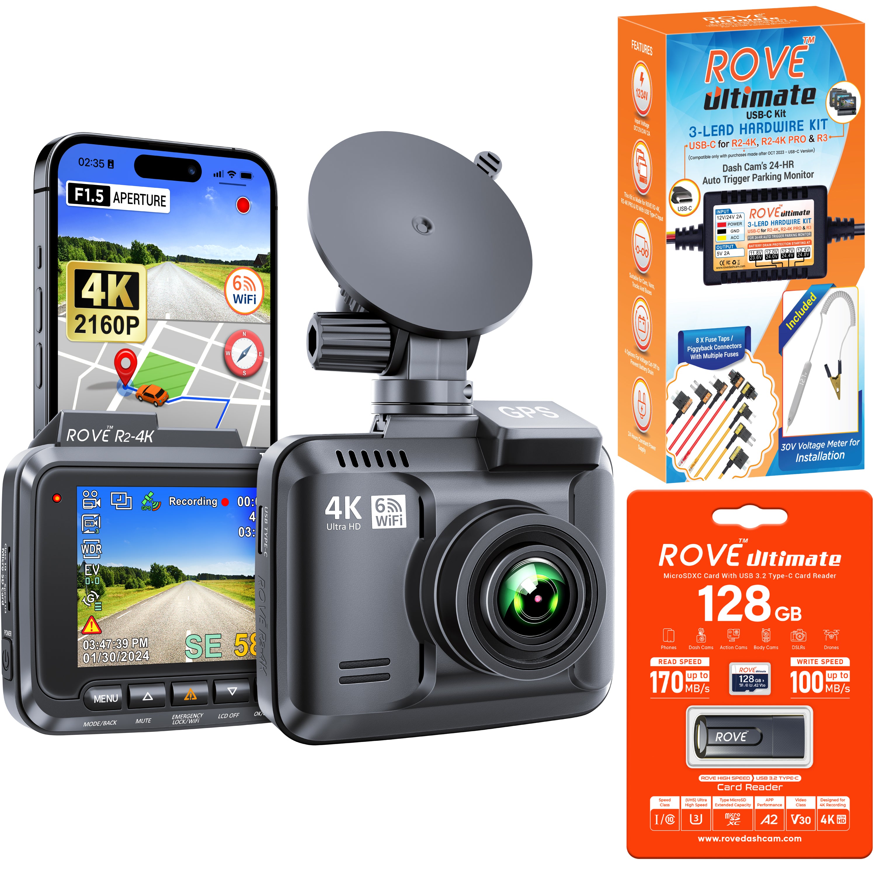 ROVE R2-4K Dash Cam 4K Ultra HD 2160P Dash Board Camera Built In Wi-Fi 6 & GPS - With bundle variation of Memory Card & Hardwire Kit