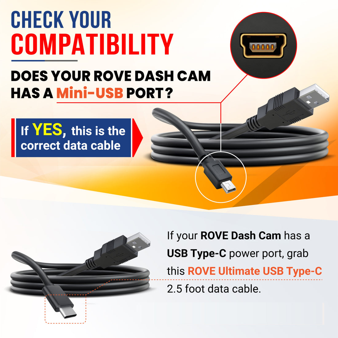 ROVE Ultimate 2.5ft Mini-USB Data Cable for R2-4K Dash Cam | Check Compatibility Image Before Purchasing