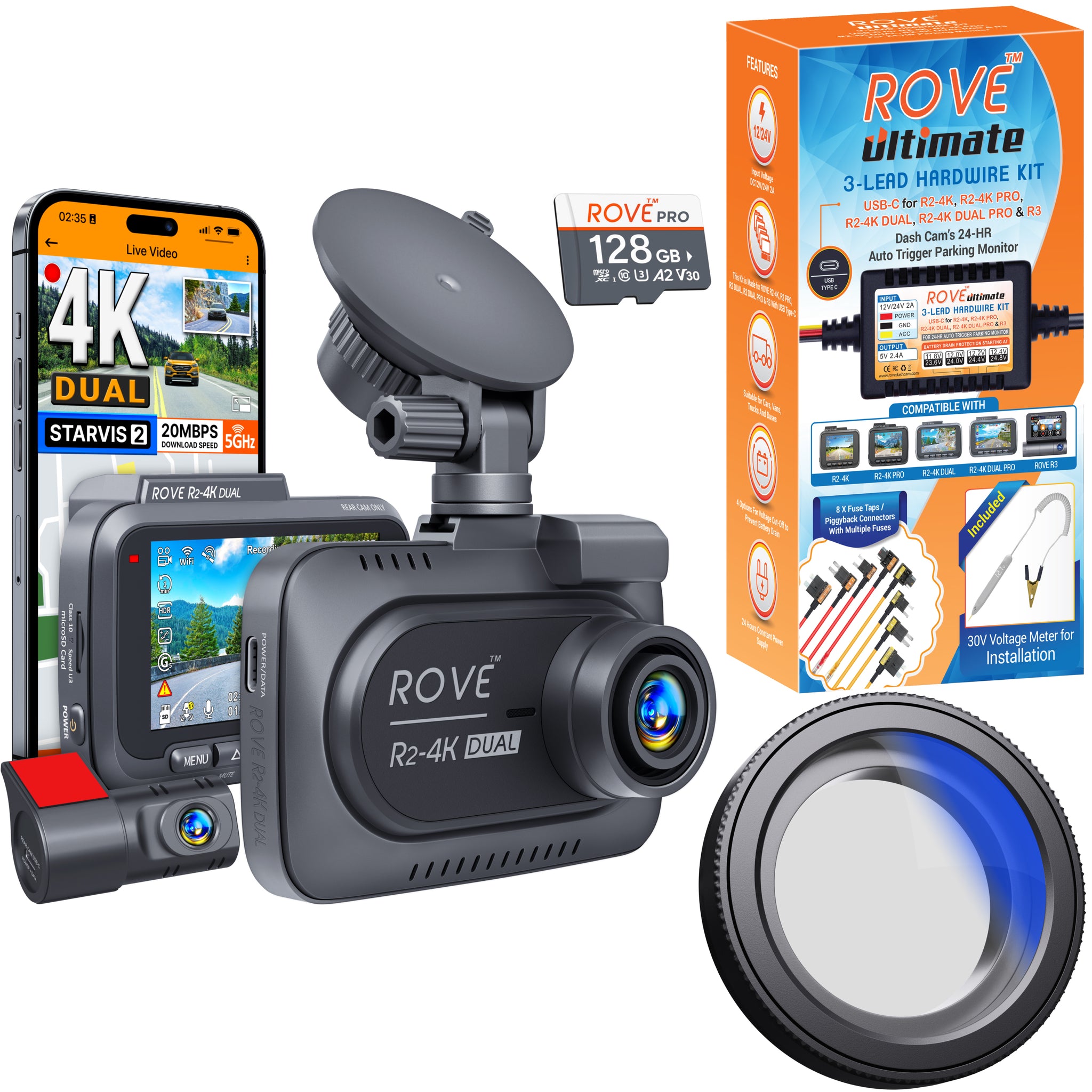 [Bundle] ROVE R2-4K DUAL Dash Cam | Hardwire Kit | CPL