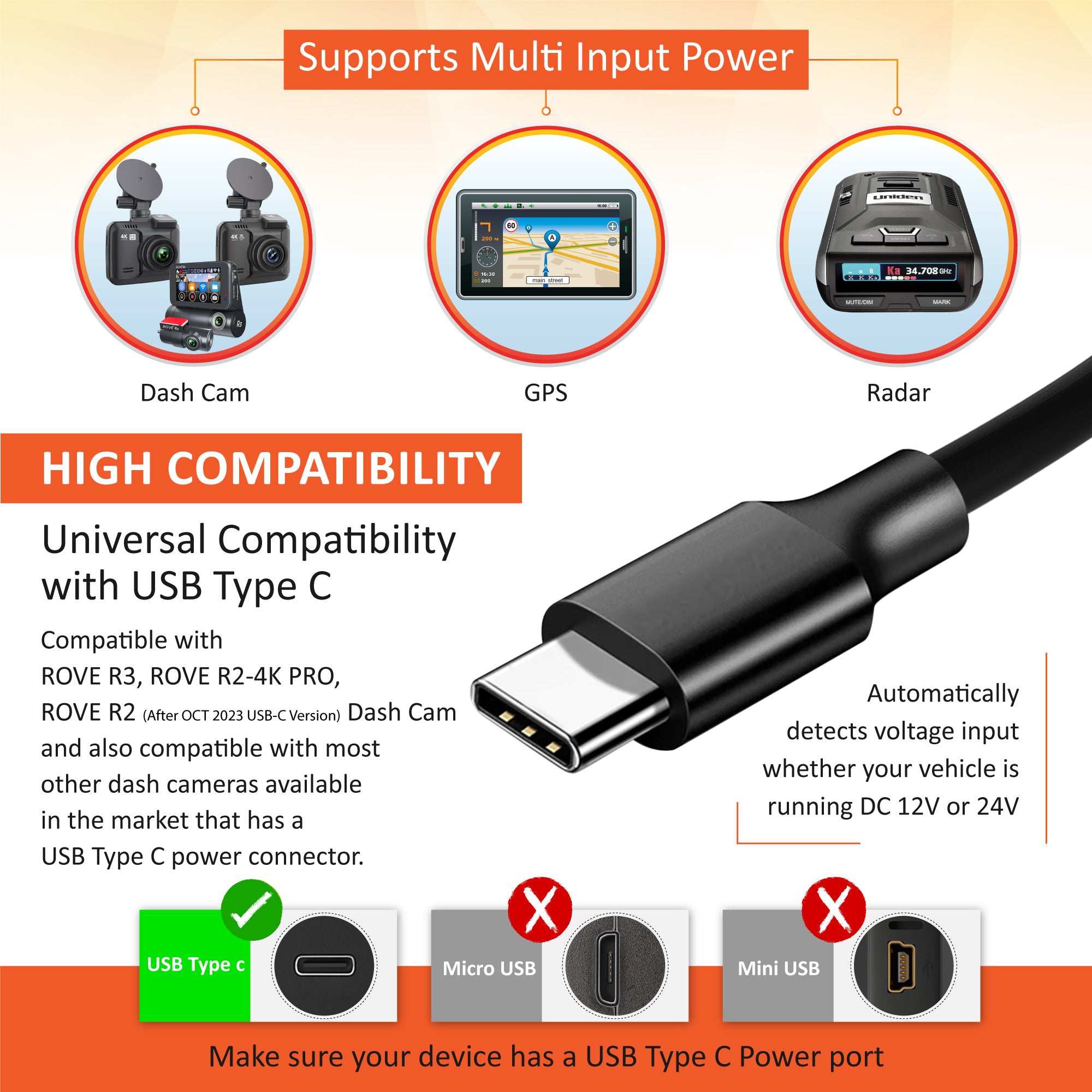 ROVE Ultimate 3-Lead USB Type-C Hardwire Kit | for ROVE R2, R2 PRO and R3 Dash Cam | Check Compatibility Image Before Purchasing