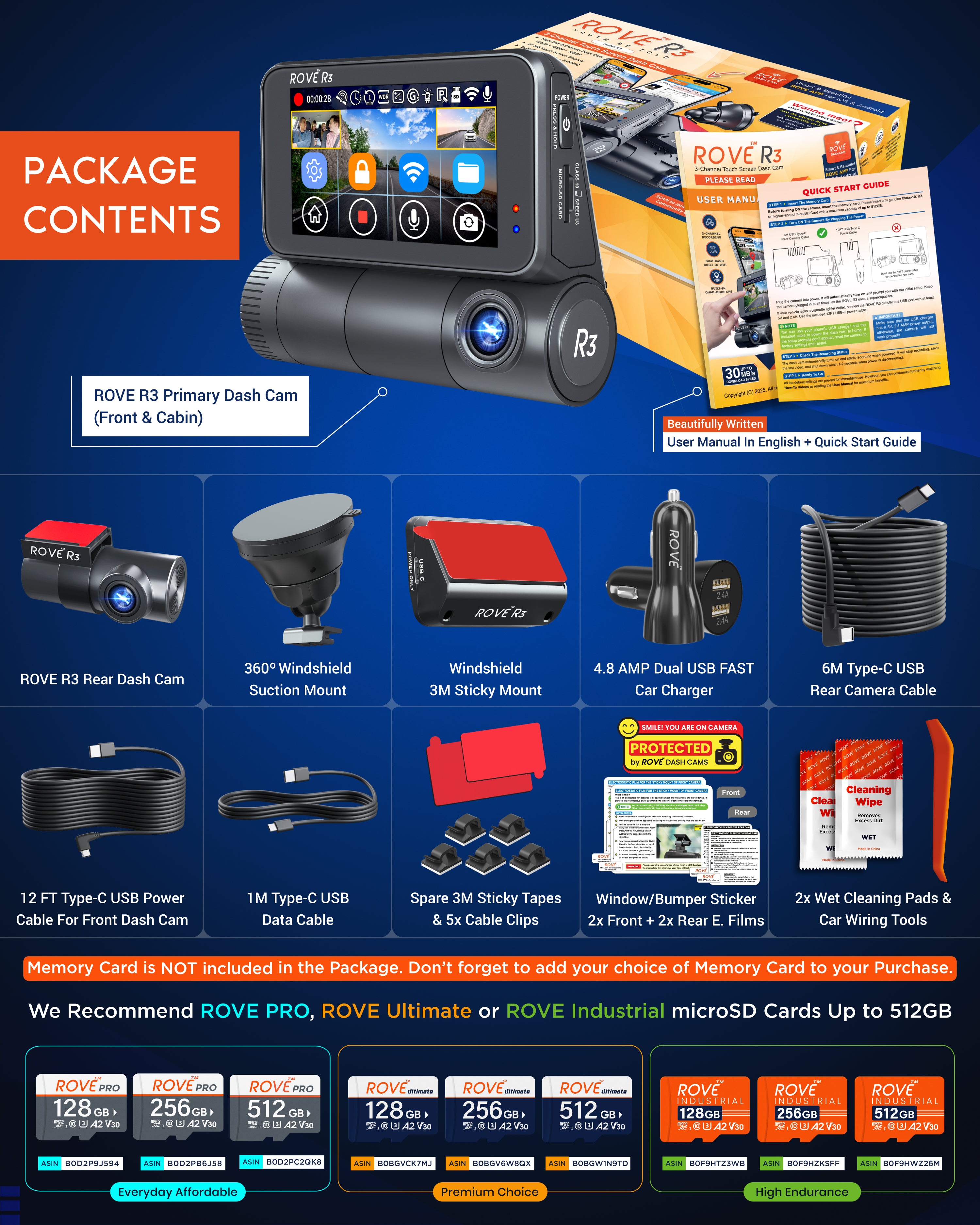 ROVE R3, 3 Channel Touch Screen Dash Cam with Built-in Dual