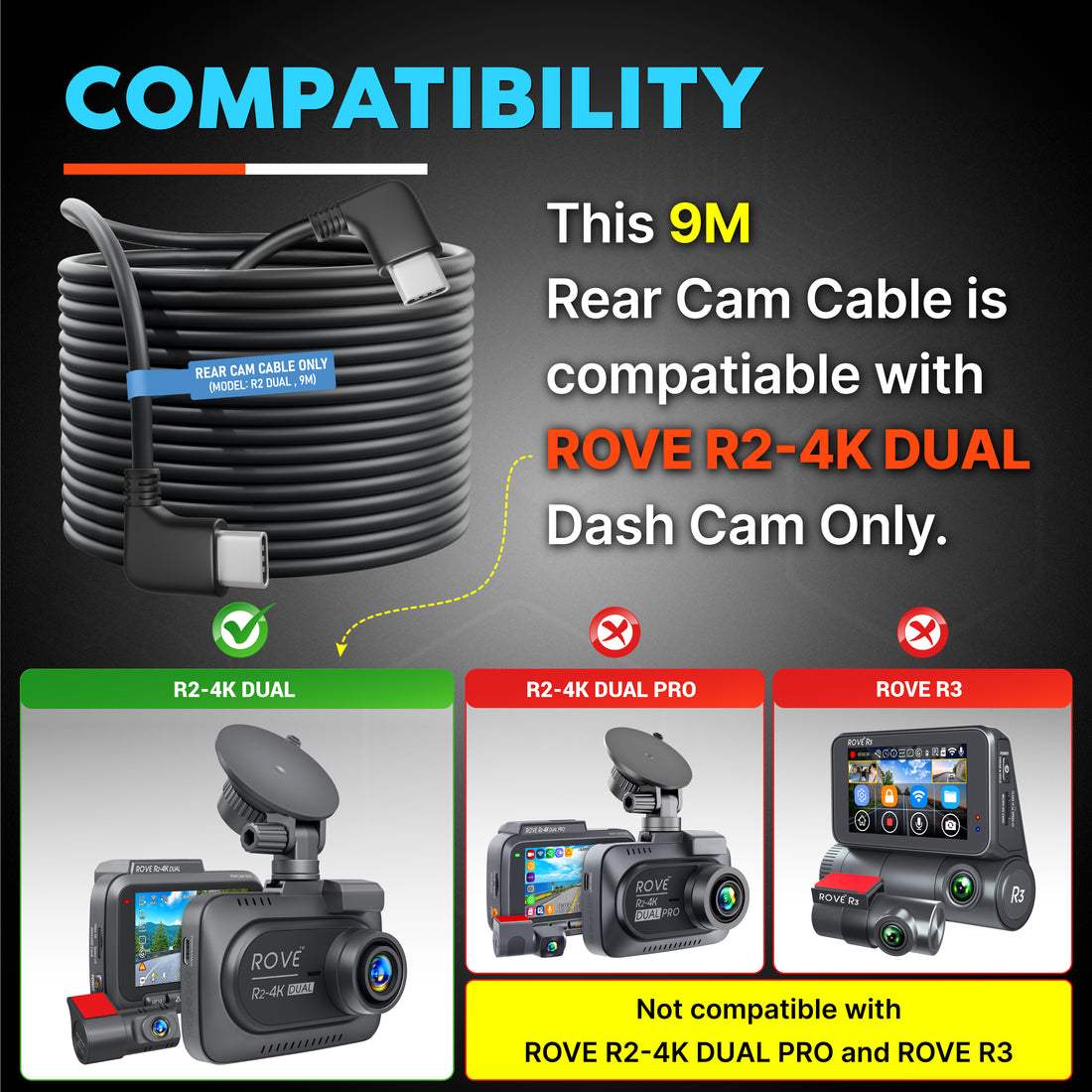 9m rear cam cable for rove r2-4k dual dash cam