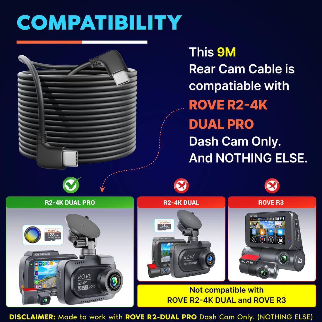 ROVE Ultimate 9M Extra Long Rear Cam Cable for R2-4K DUAL PRO Dash Cam Model Only