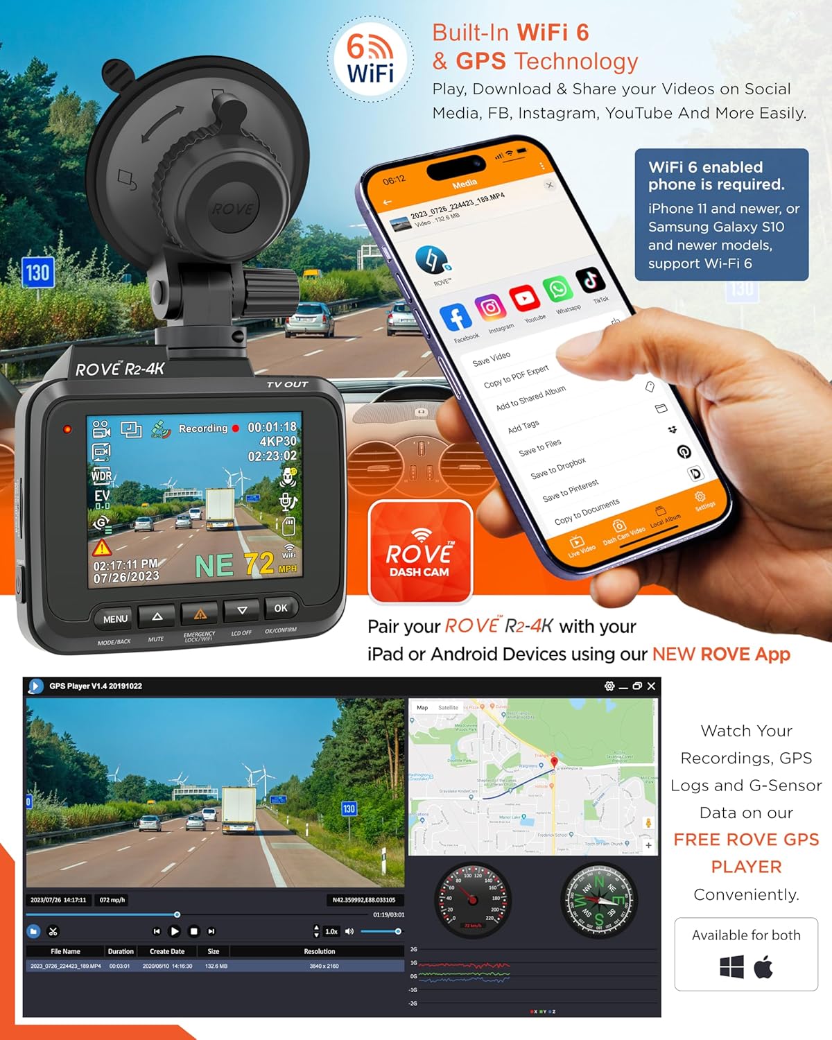 ROVE R2-4K Dash Cam 4K Ultra HD 2160P Car Dashboard Camera Built In Wi-Fi 6 & GPS