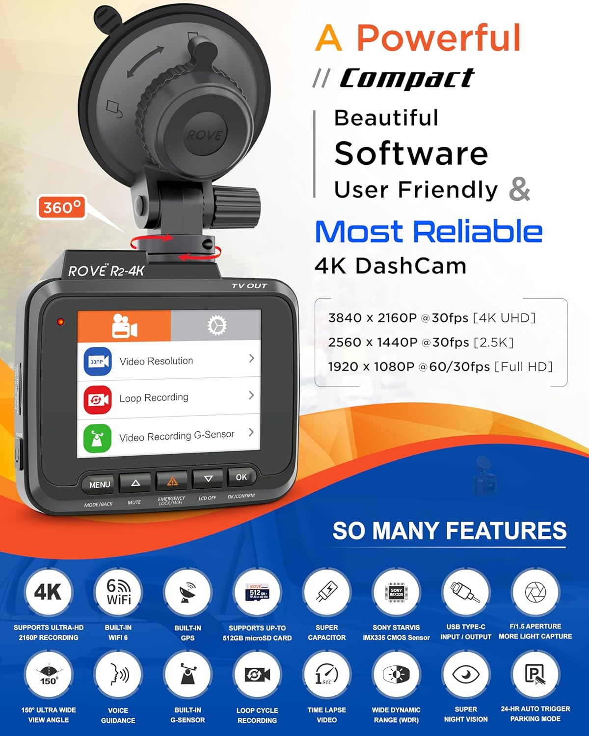ROVE R2-4K Dash Cam 4K Ultra HD 2160P Car Dashboard Camera Built In Wi-Fi 6 & GPS