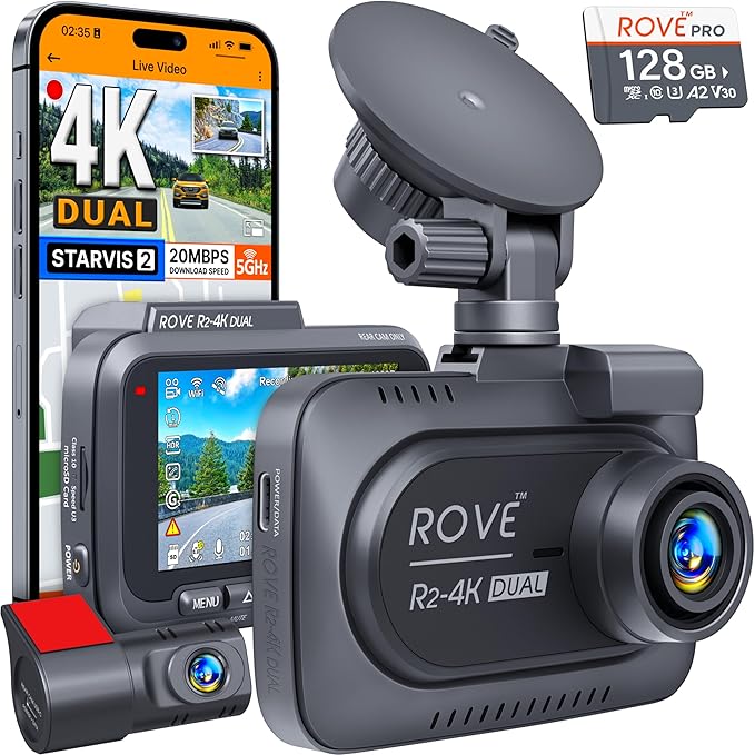 NEW ROVE R2-4K DUAL Dash Cam Front and Rear, STARVIS 2 Sensor, FREE 128GB Card Included, 5G WiFi