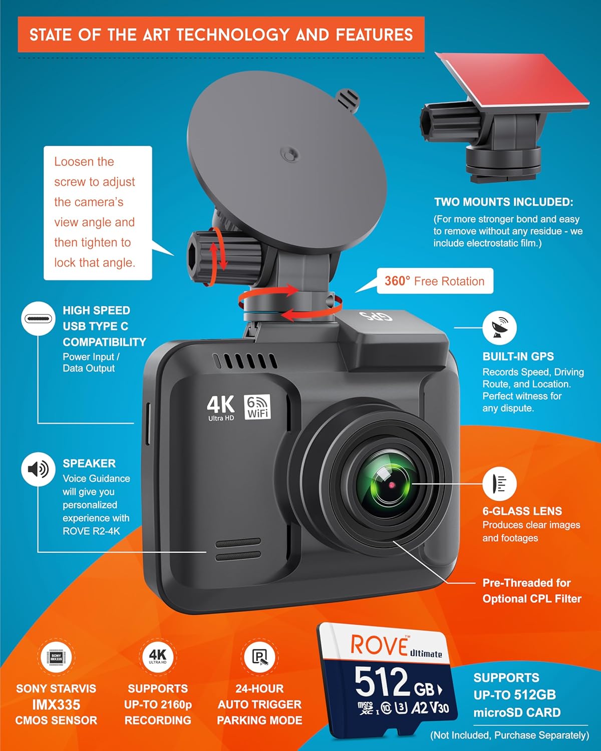 ROVE R2-4K Dash Cam 4K Ultra HD 2160P Car Dashboard Camera Built In Wi-Fi 6 & GPS