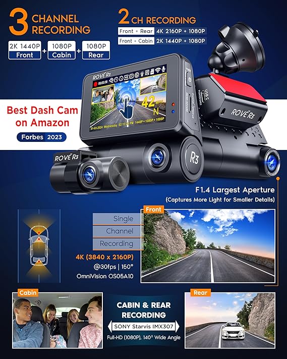 ROVE R3, 3 Channel Touch Screen Dash Cam with Built-in Dual-Band 5GHz WiFi, Built-in GPS, 24 Hr Parking Monitor, Super Capacitor, WDR, G-Sensor, Night Vision