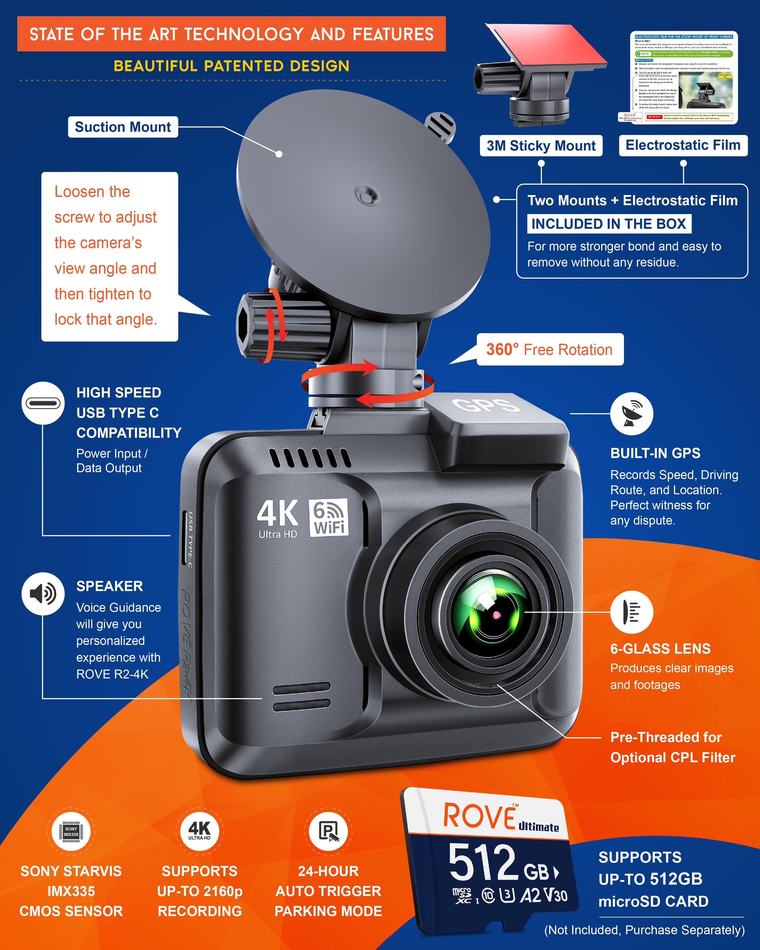 ROVE R2-4K Dash Cam 4K Ultra HD 2160P Car Dashboard Camera Built In Wi-Fi 6 & GPS