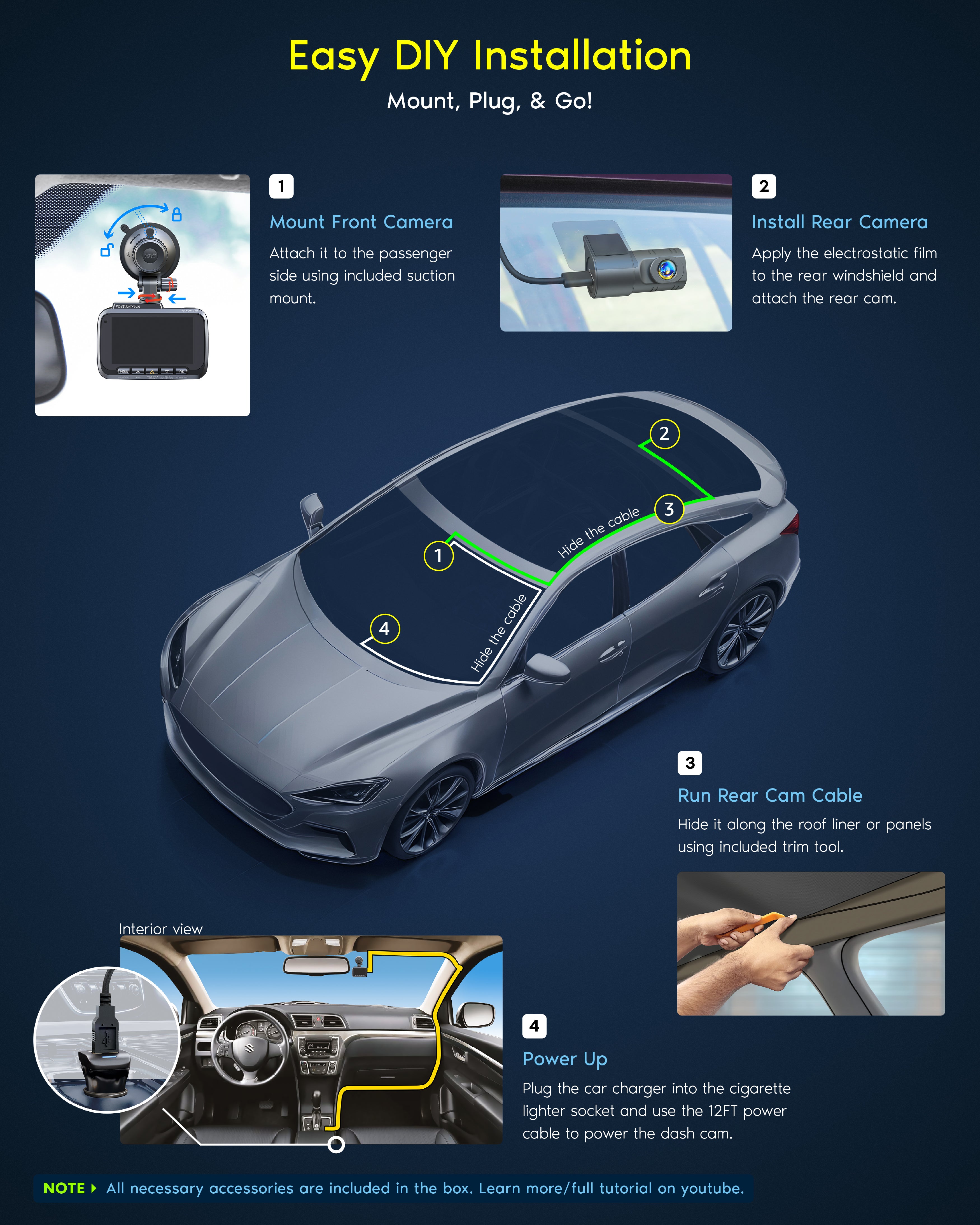 NEW ROVE R2-4K DUAL Dash Cam Front and Rear, STARVIS 2 Sensor, FREE 128GB Card Included, 5G WiFi