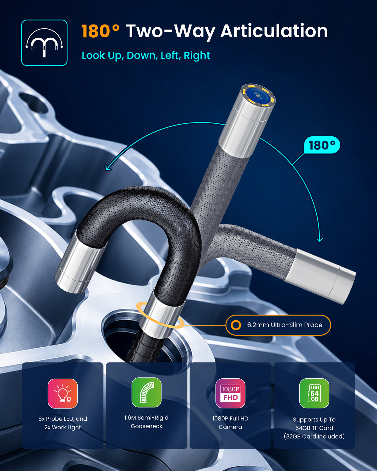 Articulating two-way borescope with gray probe, black cable handle, and lit display screen