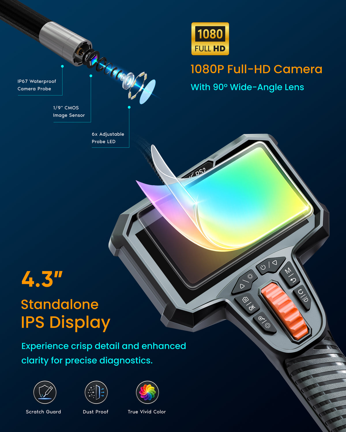 Borescope handheld unit with 4.3-inch IPS screen and metal probe tip