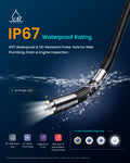 Waterproof borescope probe with black braided cable and splashproof metal camera tip