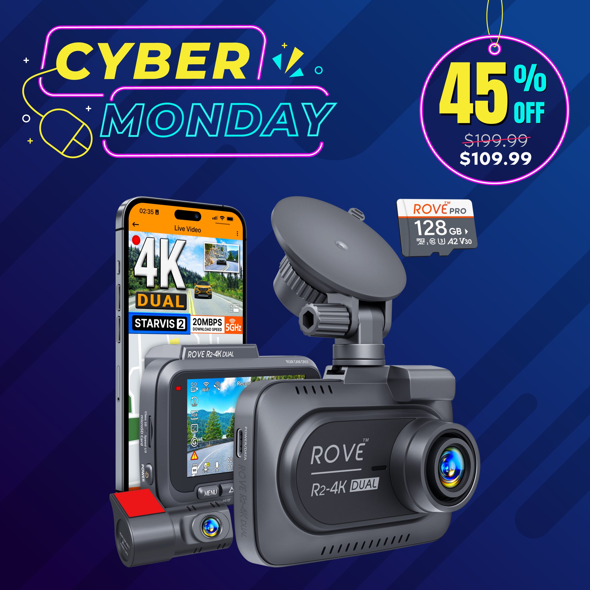 ROVE R2-4K DUAL Dash Cam Front and Rear, STARVIS 2 Sensor, FREE 128GB Card Included, 5G WiFi