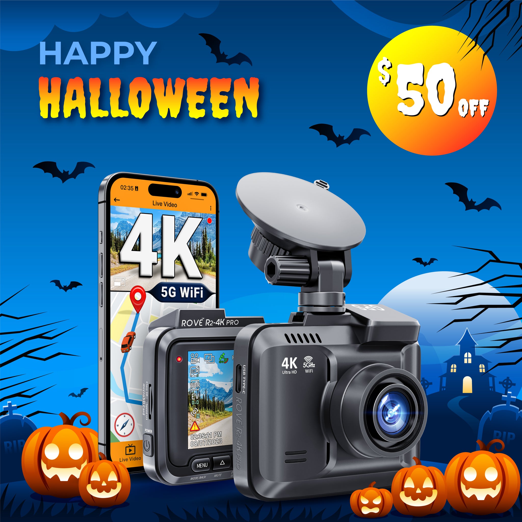 ROVE R2-4K PRO Dash Cam, Built-in GPS, 5G WiFi Dash Camera for Cars, 2160P UHD 30fps Dashcam with APP, 2.4" IPS Screen, Night Vision, WDR, 150° Wide Angle, 24-Hr Parking Mode, Supports 512GB Max