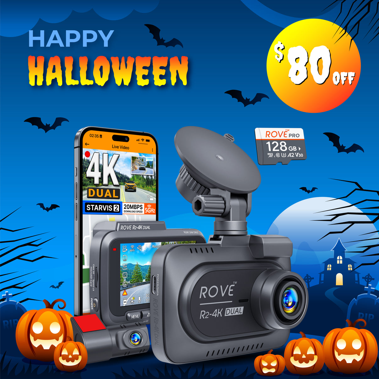 NEW In Box ROVE R2-4K Starvis Dual Channel Night Vision Dash Cam 5G WiFi - Foto 1