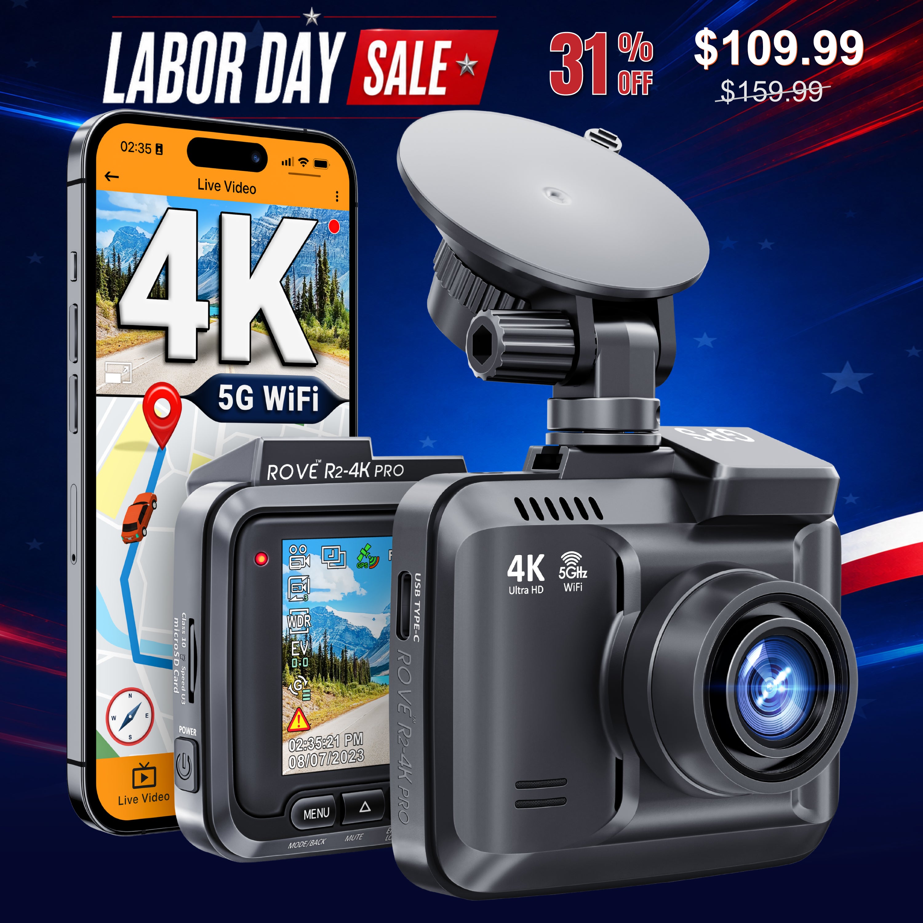 ROVE R2-4K PRO Dash Cam, Built-in GPS, 5G WiFi Dash Camera for Cars, 2160P UHD 30fps Dashcam with APP, 2.4