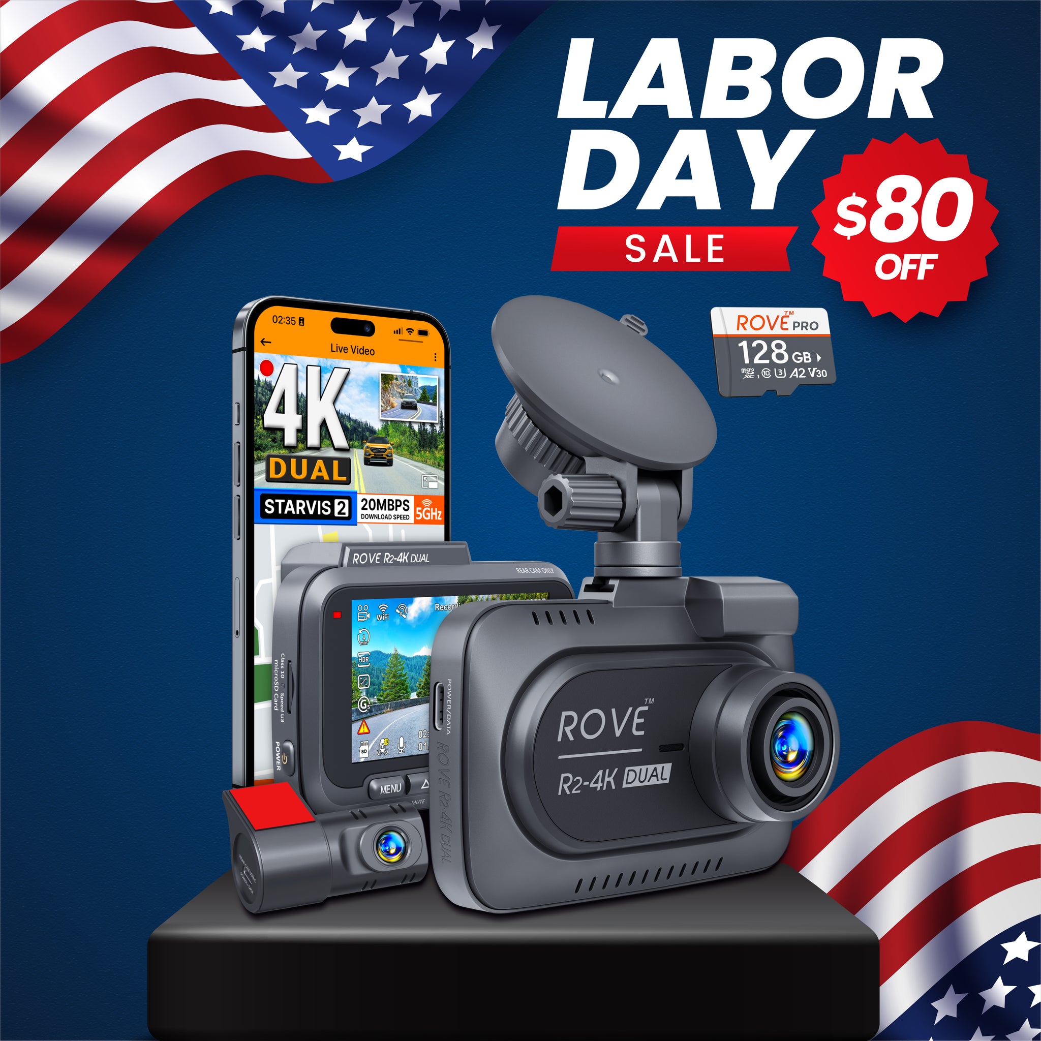 ROVE R2-4K DUAL Dash Cam Front and Rear, STARVIS 2 Sensor, FREE 128GB Card Included, 5G WiFi