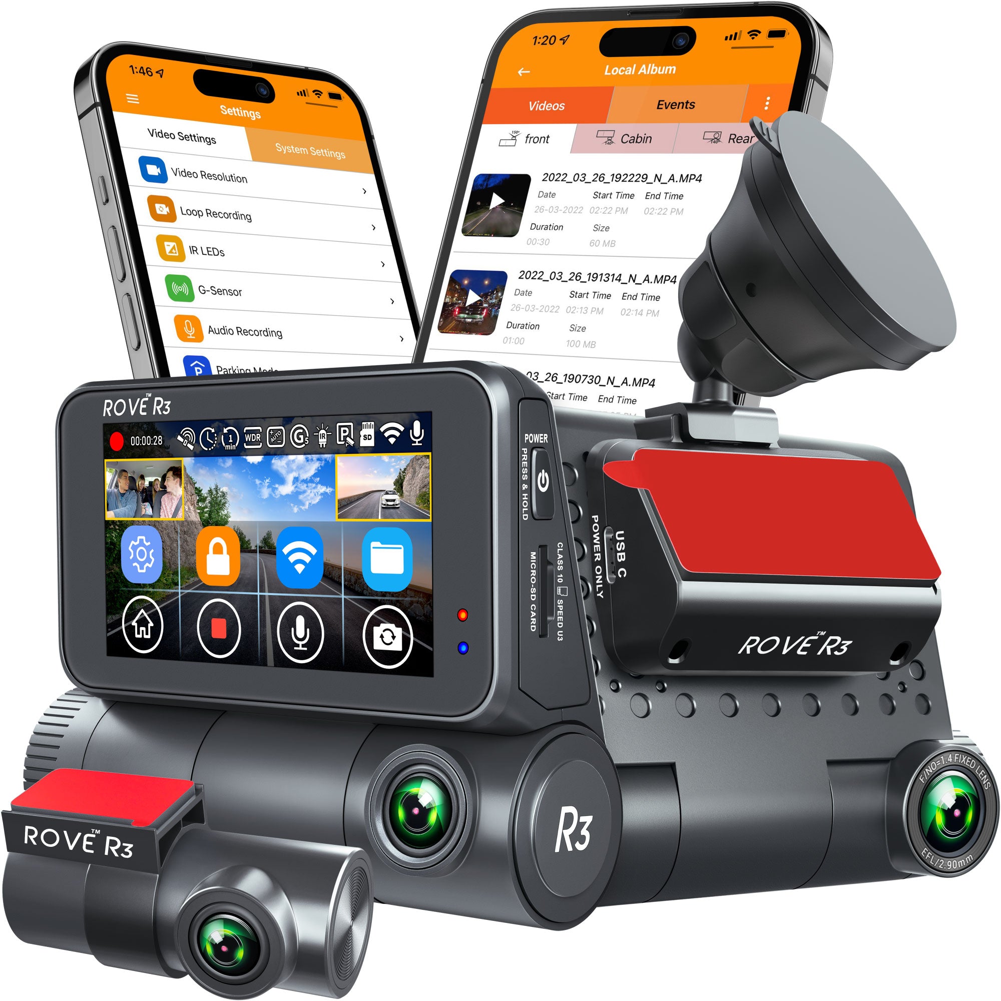ROVE R3, 3 Channel Touch Screen Dash Cam with Built-in Dual-Band 5GHz WiFi, Built-in GPS, 24 Hr Parking Monitor, Super Capacitor, WDR, G-Sensor, Night Vision.