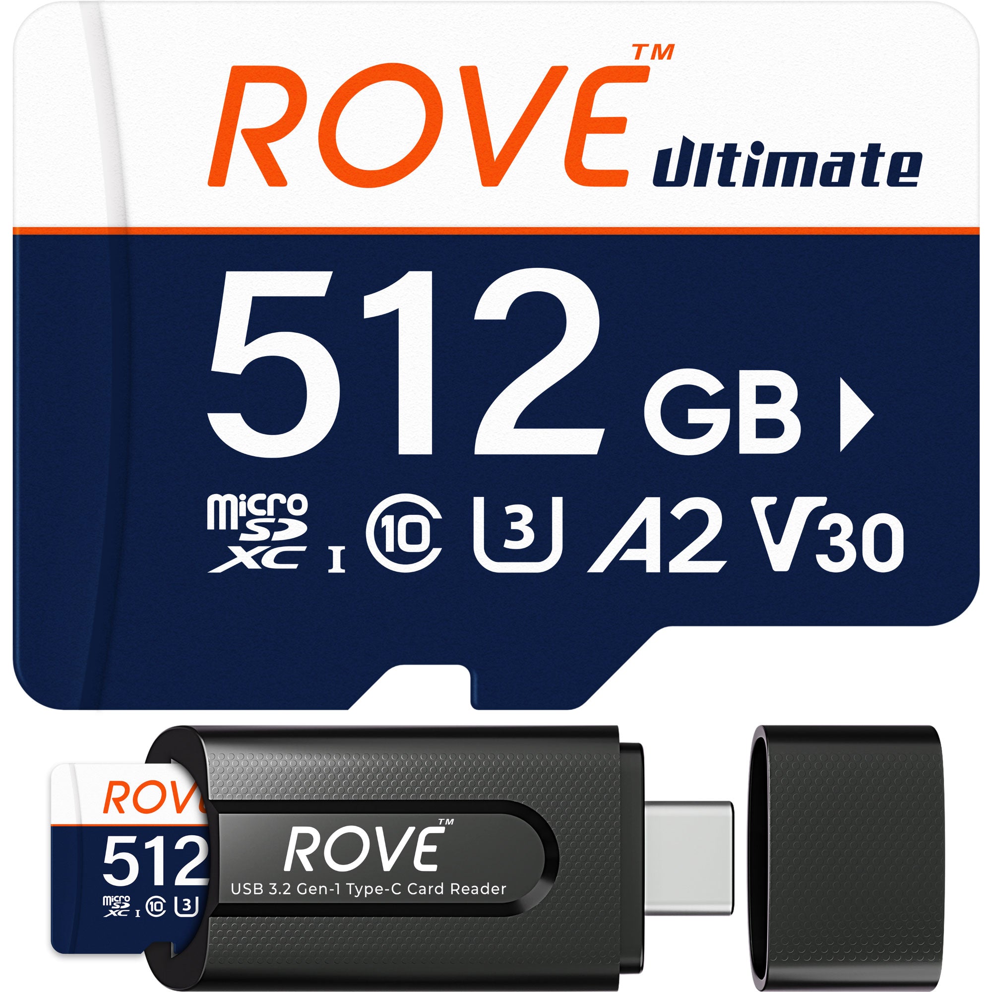 Rove Ultimate 128GB/256GB/512GB Micro SDXC Card with USB 3.2 Gen-1 Type-C card reader, Micro SD memory card for dash cam, Up to 170MB/s Read, 100MB/s Write, U3, Class10