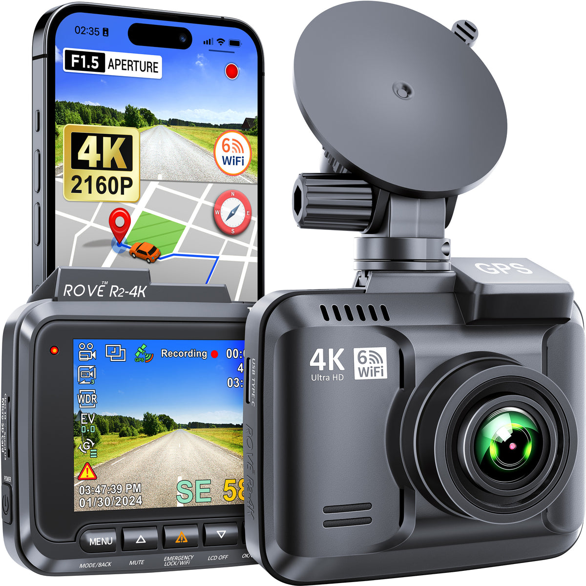 ROVE R24K Dash Cam 4K Ultra HD 2160P Car Dashboard Camera Built In Wi