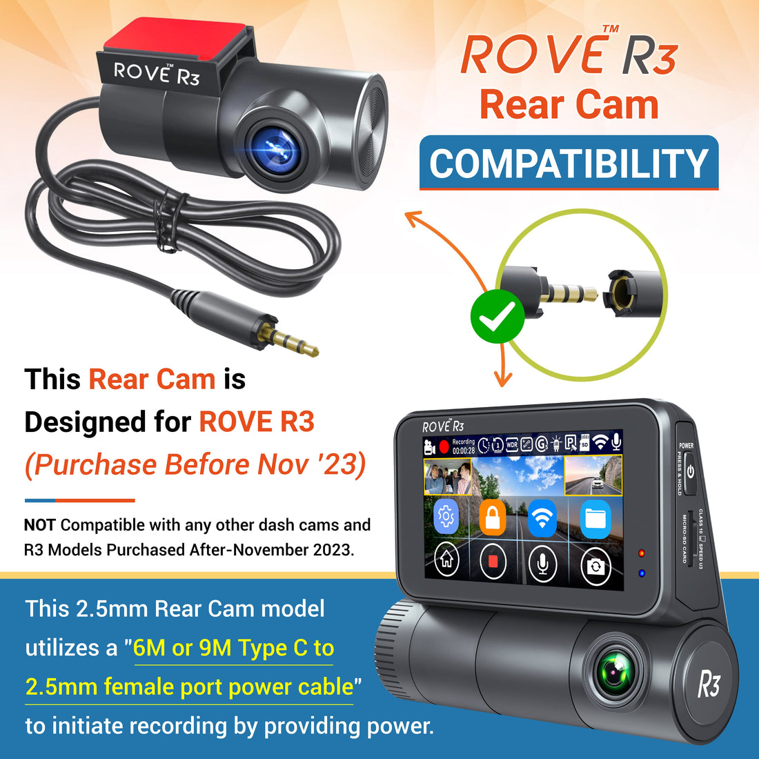 ROVE R3 Rear Cam, 180° Vertically Rotatable, 1080p full HD F1.8-140° Wide Angle and Night Vision enabled, Interior Rear Cam for Car, Truck, Mini RVs and Camper van | Check Compatibility Image Before Purchasing