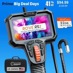 ROVE RS2 Articulating Borescope Camera with Light, 2-Way 210°, 32GB Card | 1080P FHD Industrial Endoscope, Inspection Camera, 4.3in IPS, IP67, 6 LED, 6.2mm Semi-Rigid Probe, Automotive, Plumbing, HVAC