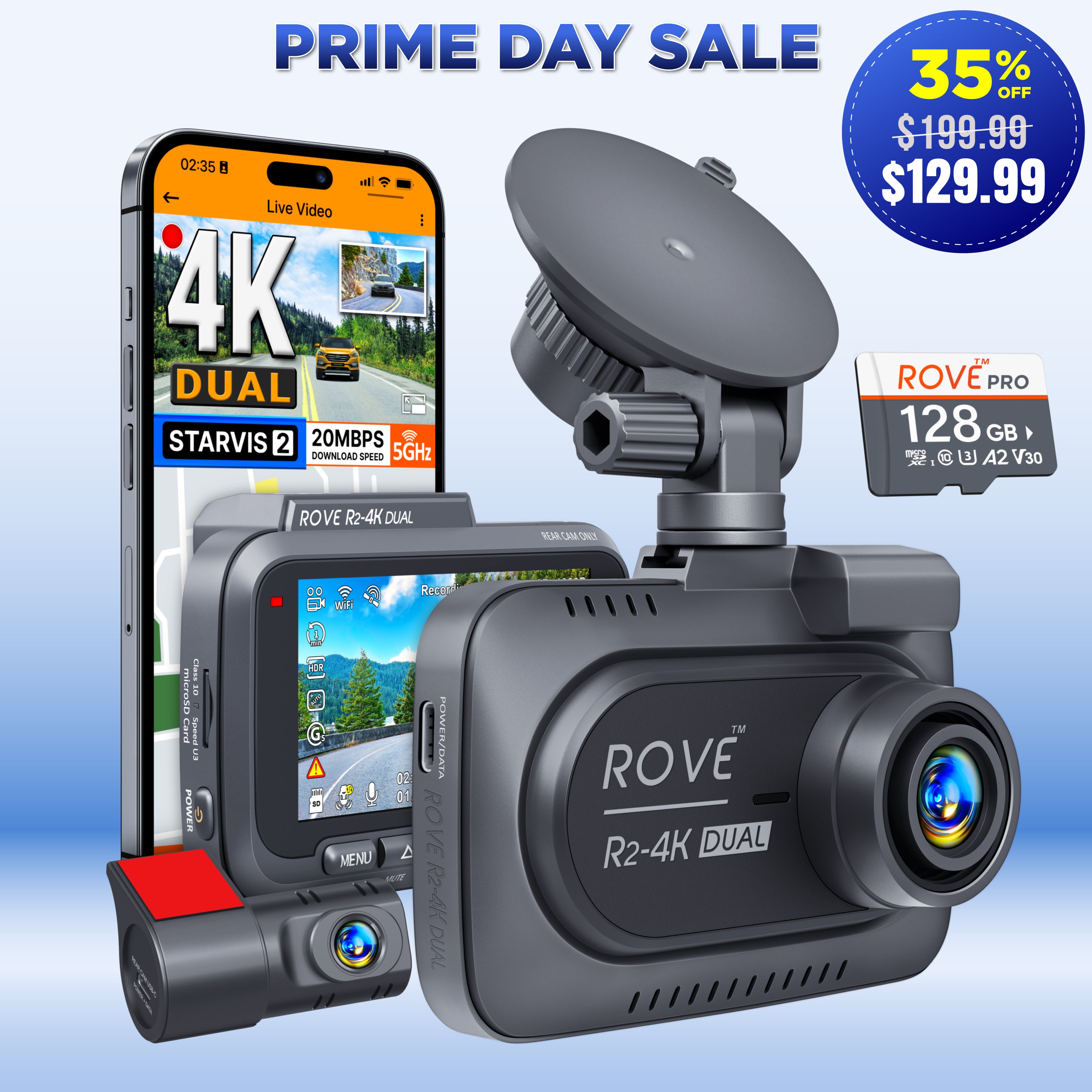 ROVE R2-4K DUAL Dash Cam Front and Rear, STARVIS 2 Sensor, FREE 128GB Card Included, 5G WiFi