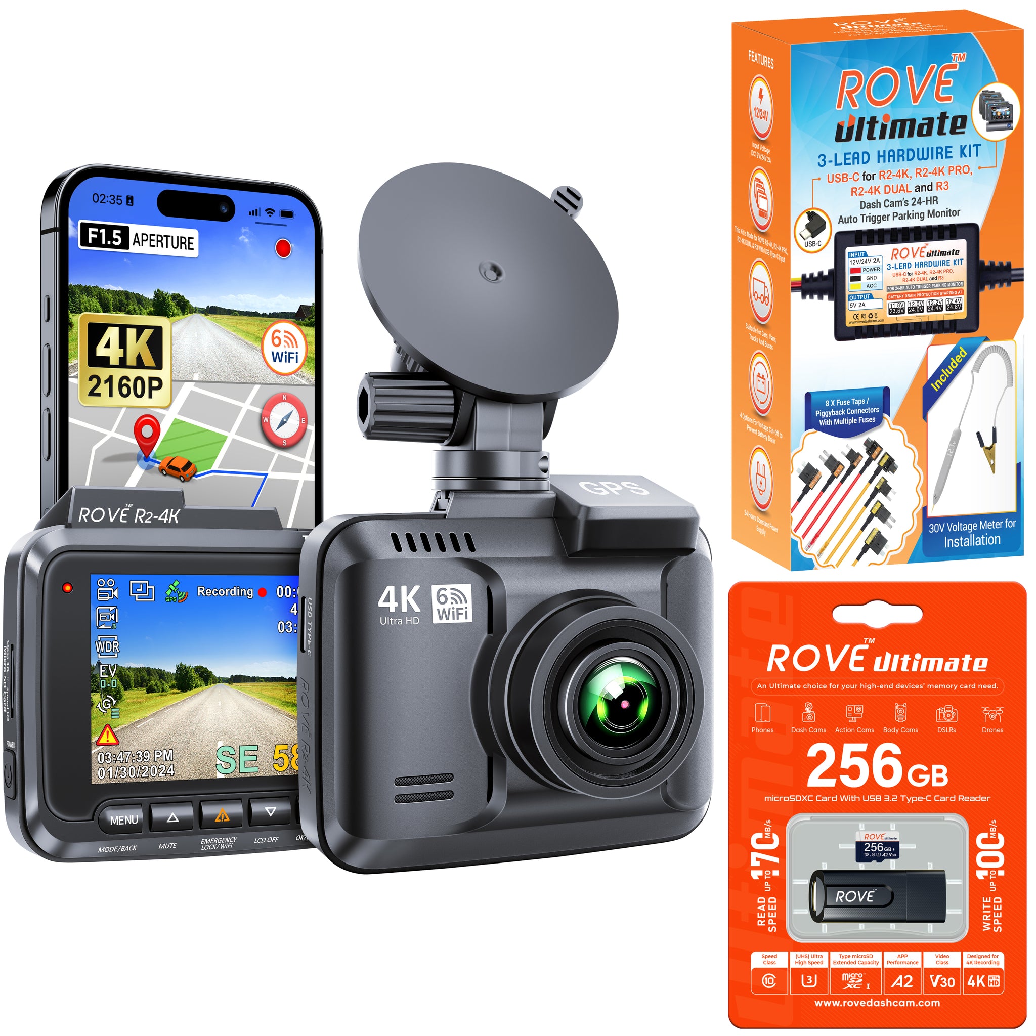 [Bundle] ROVE R2-4K Dash Cam | ROVE Ultimate 256GB microSD Card | Hardwire Kit