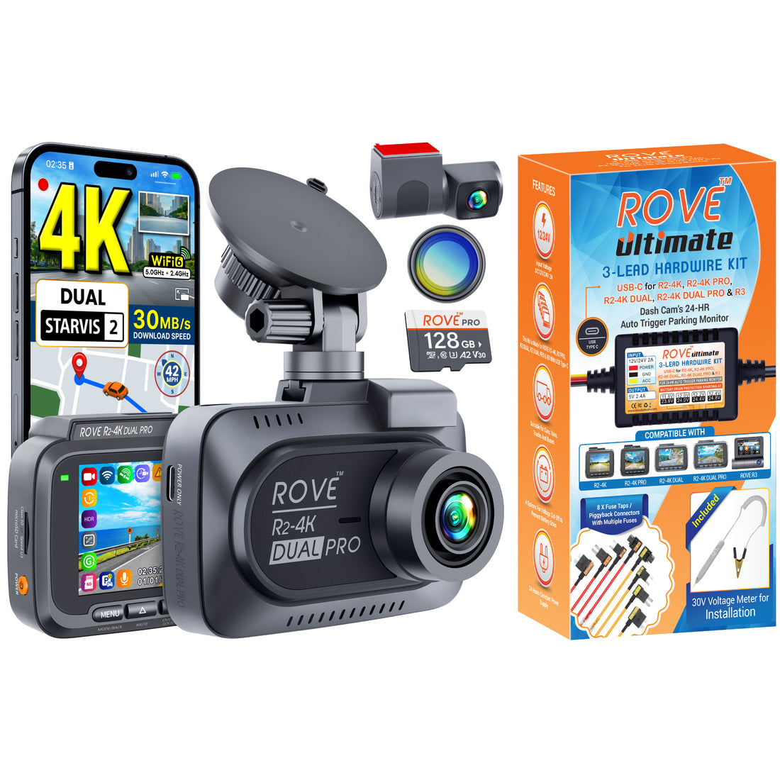 rove r2-4k dual pro dash cam with hardwire kit