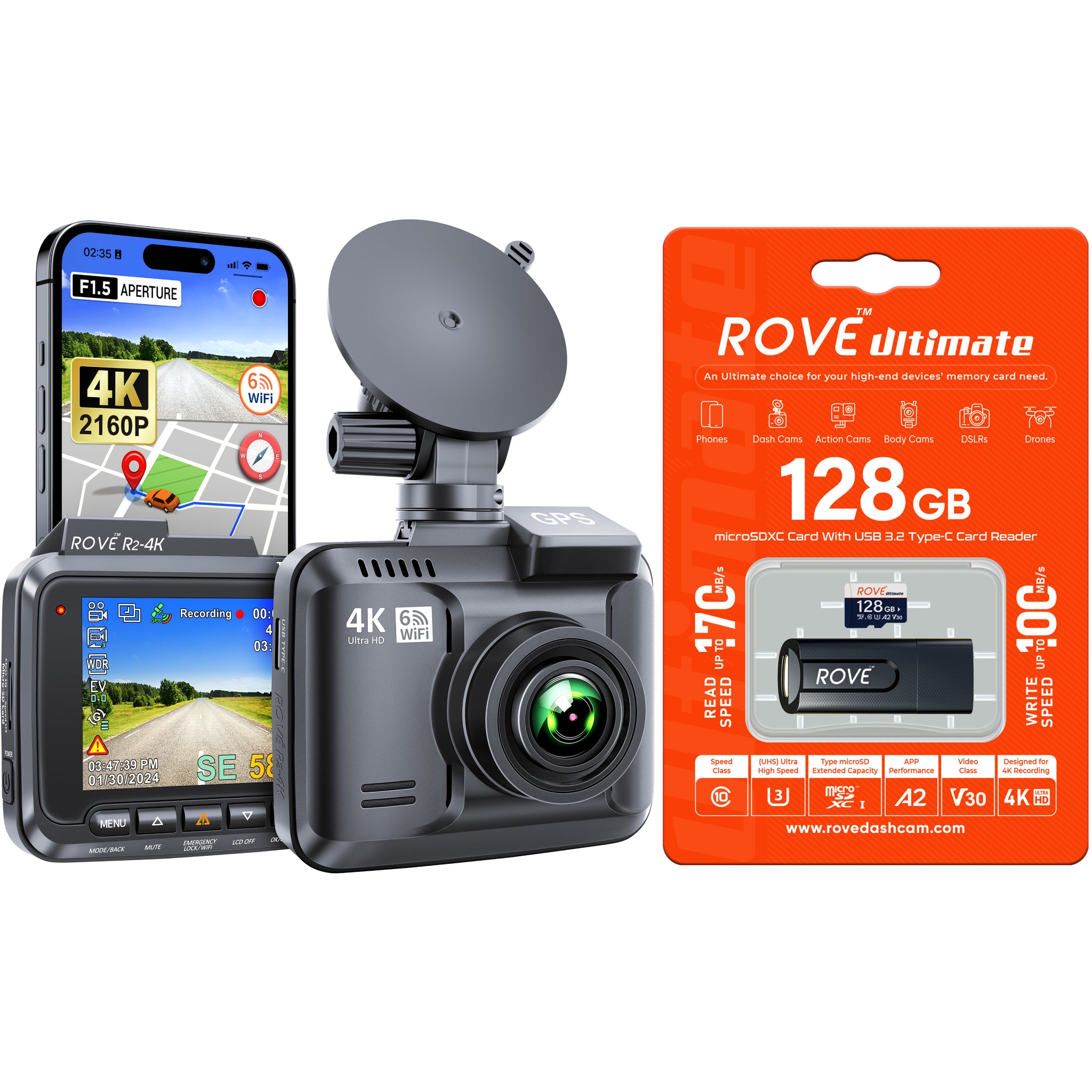 [Bundle] ROVE R2-4K Dash Cam | ROVE Ultimate 128GB microSD Card