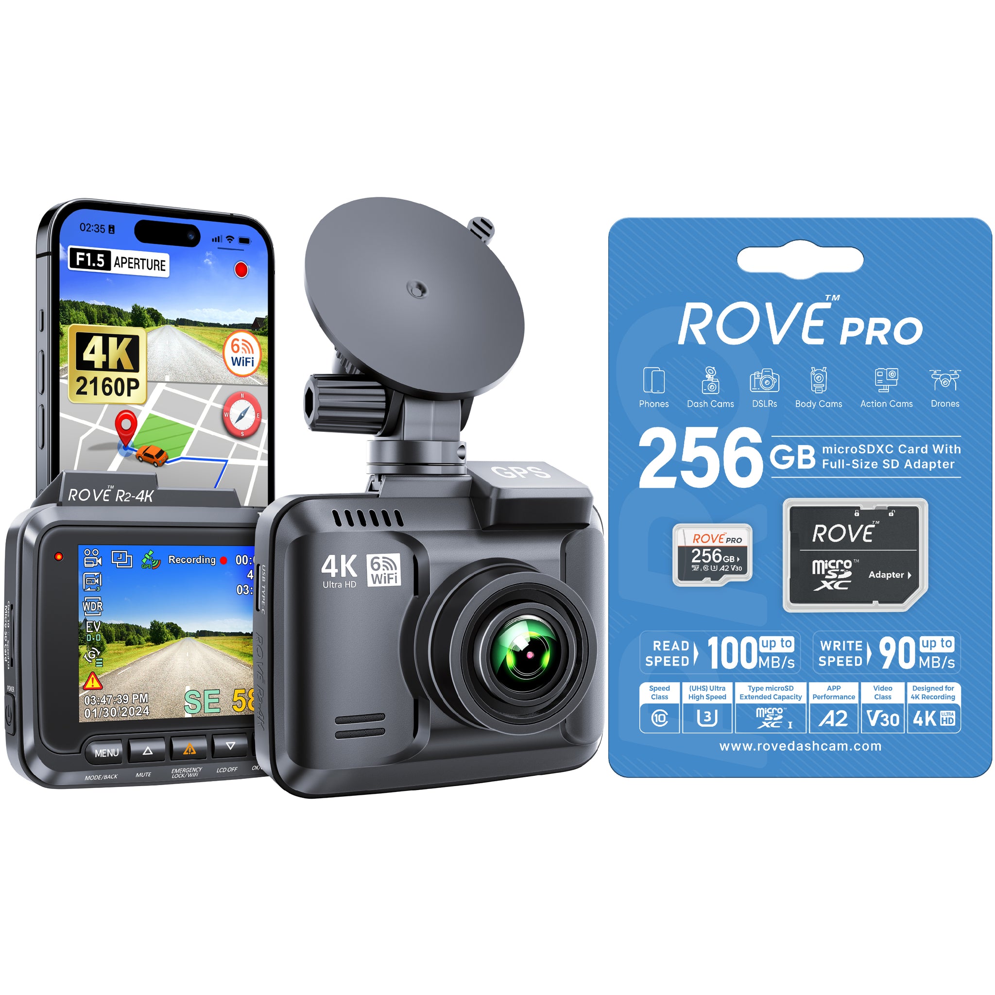 ROVE R2-4K Dash Cam | ROVE PRO 256GB microSD Card