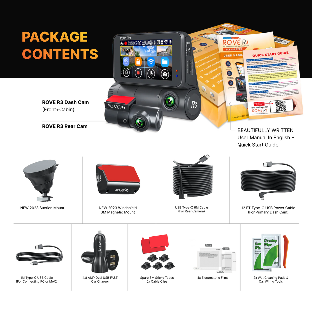 ROVE R3, 3 Channel Touch Screen Dash Cam with Built-in Dual-Band 5GHz
