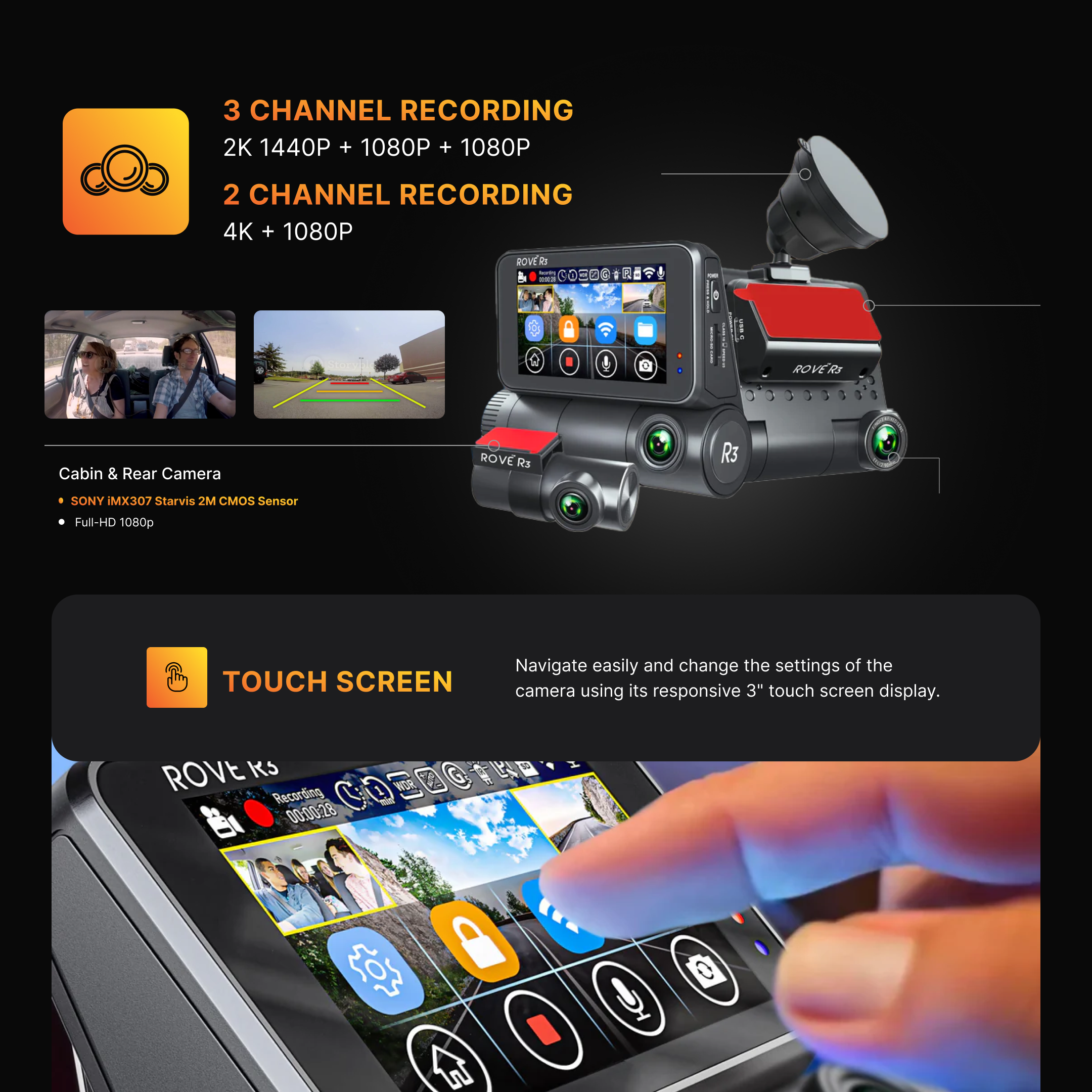 ROVE R3, 3 Channel Touch Screen Dash Cam with Built-in Dual-Band 5GHz