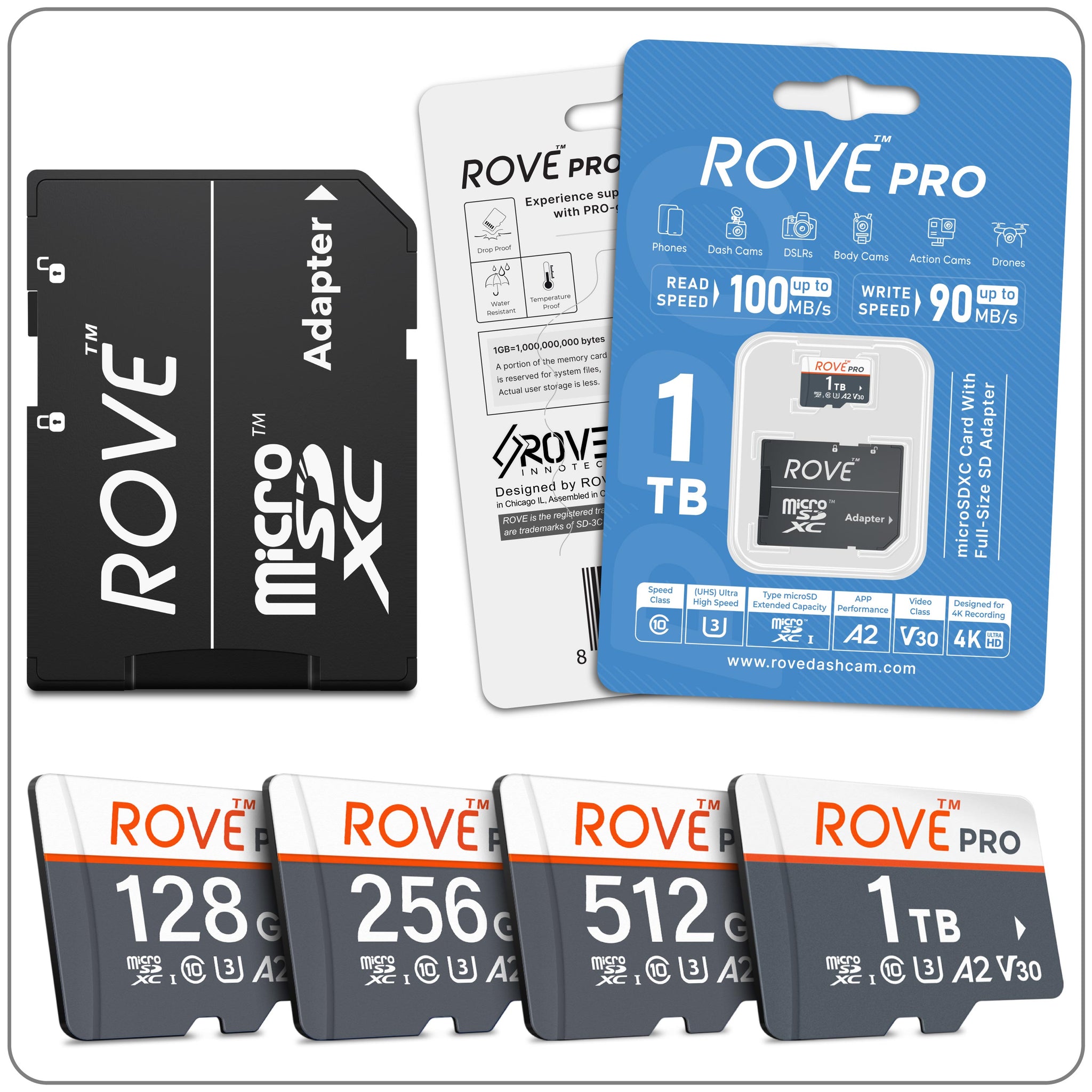 ROVE PRO 128GB/256GB/512GB/1TB Micro SDXC Memory Card with Full-Size SD Adapter, C10, U3, A2, Up to 100 MB/s Read Speed, 90 MB/s Write Speed