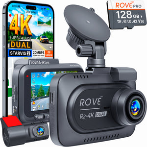 ROVE R2-4K DUAL Dash Cam Front and Rear, 4K Upscaled + 1080P,  STARVIS 2 Sensor, FREE 128GB Card Included, 5.8GHz WiFi