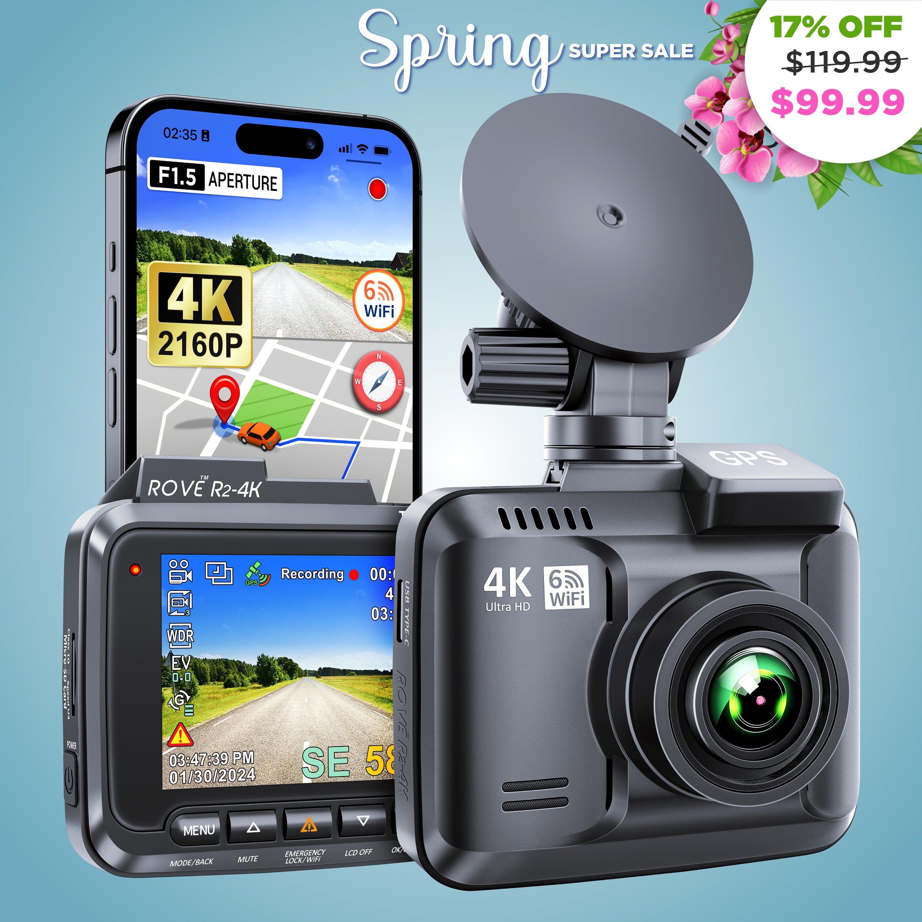 ROVE R2-4K Dash Cam 4K Ultra HD 2160P Car Dashboard Camera Built In Wi-Fi 6 & GPS