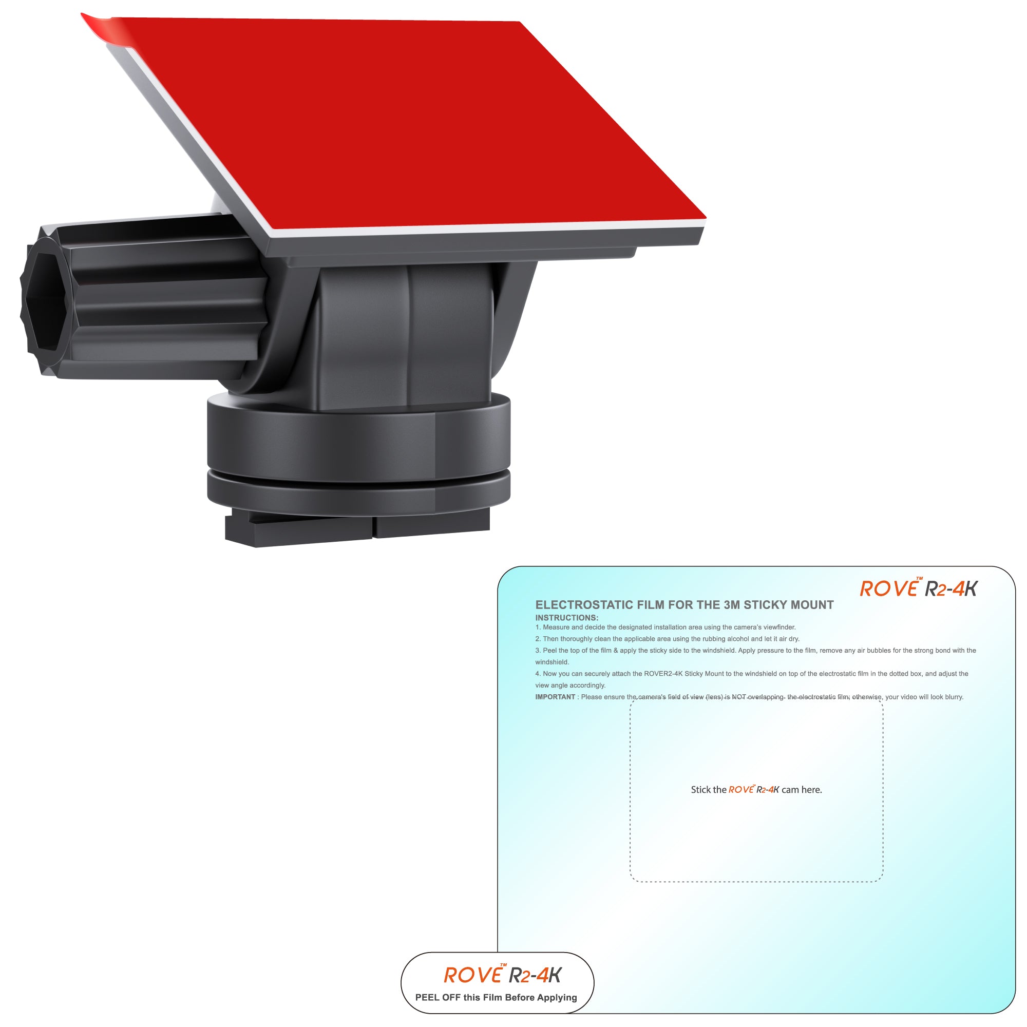 3M Sticky Mount For ROVE R2-4K, R2-4K PRO & R2-4K DUAL Dash Cams - Free 1x Easy Peel Electrostatic Film