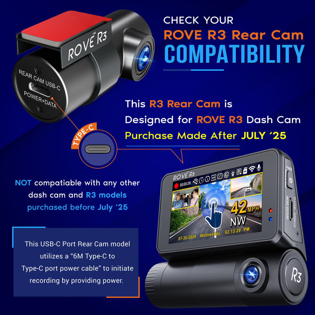 ROVE R3 Rear Cam with USB-C Port | Check Compatibility Description Before Purchasing