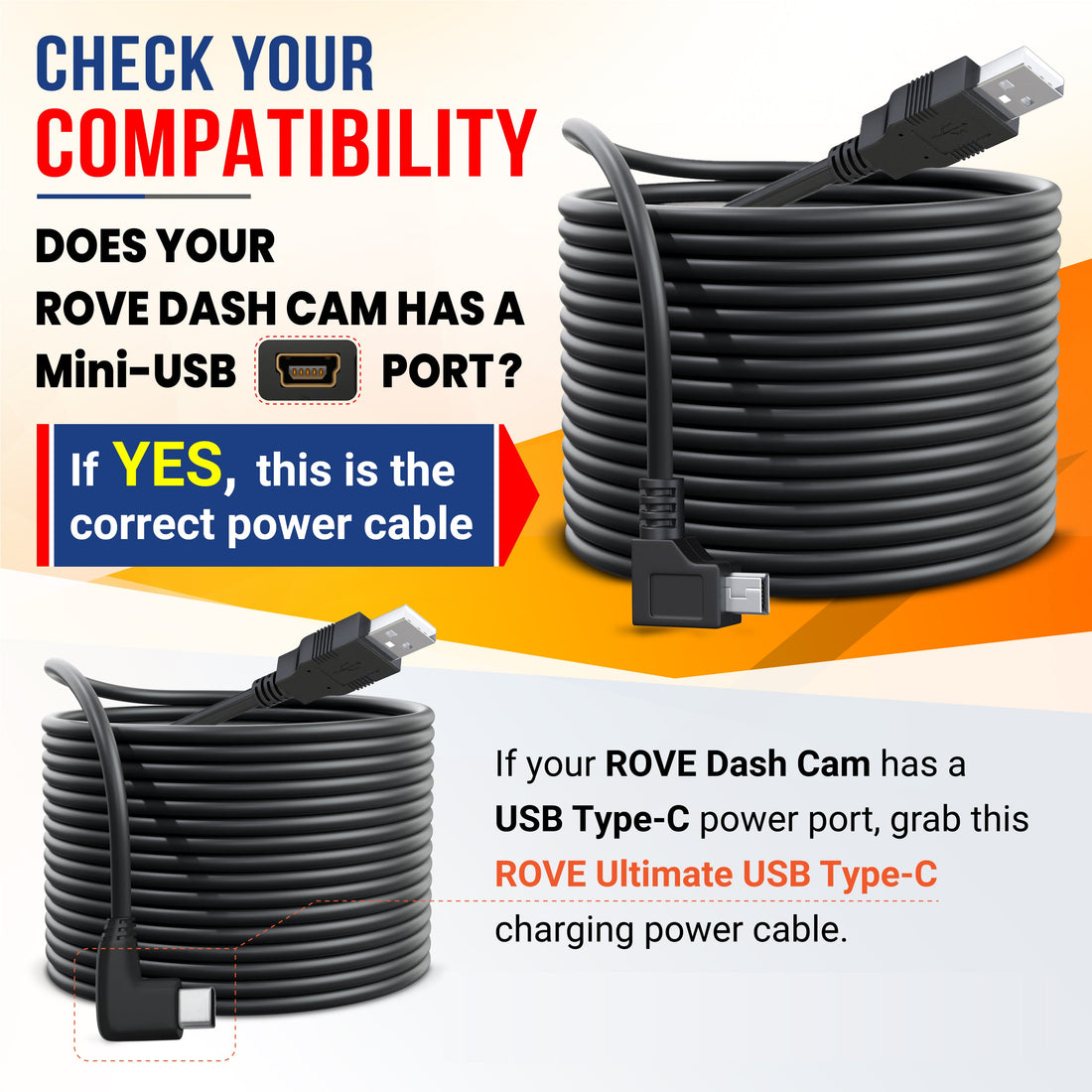 ROVE Ultimate 12ft Mini-USB Car Charging Power Cable for R2-4K Dash Cam with Mini-USB Port | Check Compatibility Image Before Purchasing
